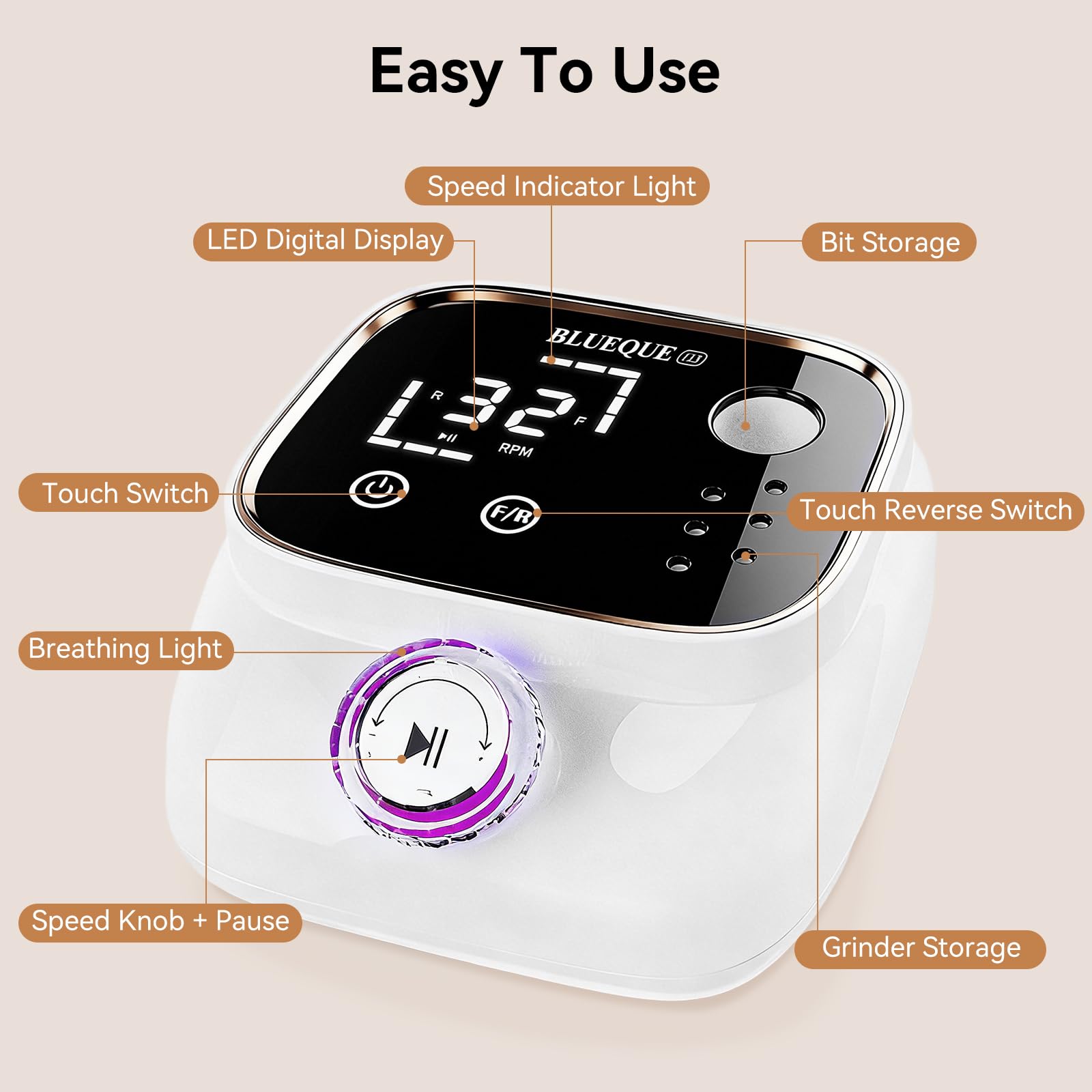 Torno para Uñas Profesional 45000RPM Lima Eléctrica con Pantalla LCD, Velocidad Ajustable Set Manicura y Pedicura con 12 Brocas y 50 Bandas para Uñas Acrílicas Gel Uso Doméstico Salones