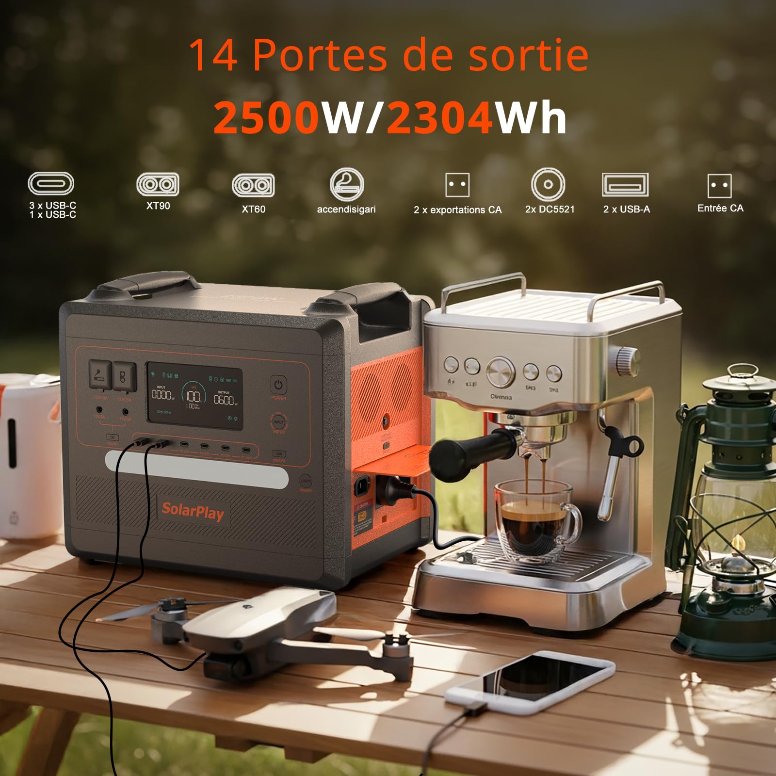 SolarPlay Station électrique portable, 2304 Wh batterie nomade LiFeP04, 2500w (crête 5000 w)1.5h Charge Complète Pour Camping, Rv& Alimentation électrique De Secours à Domicile