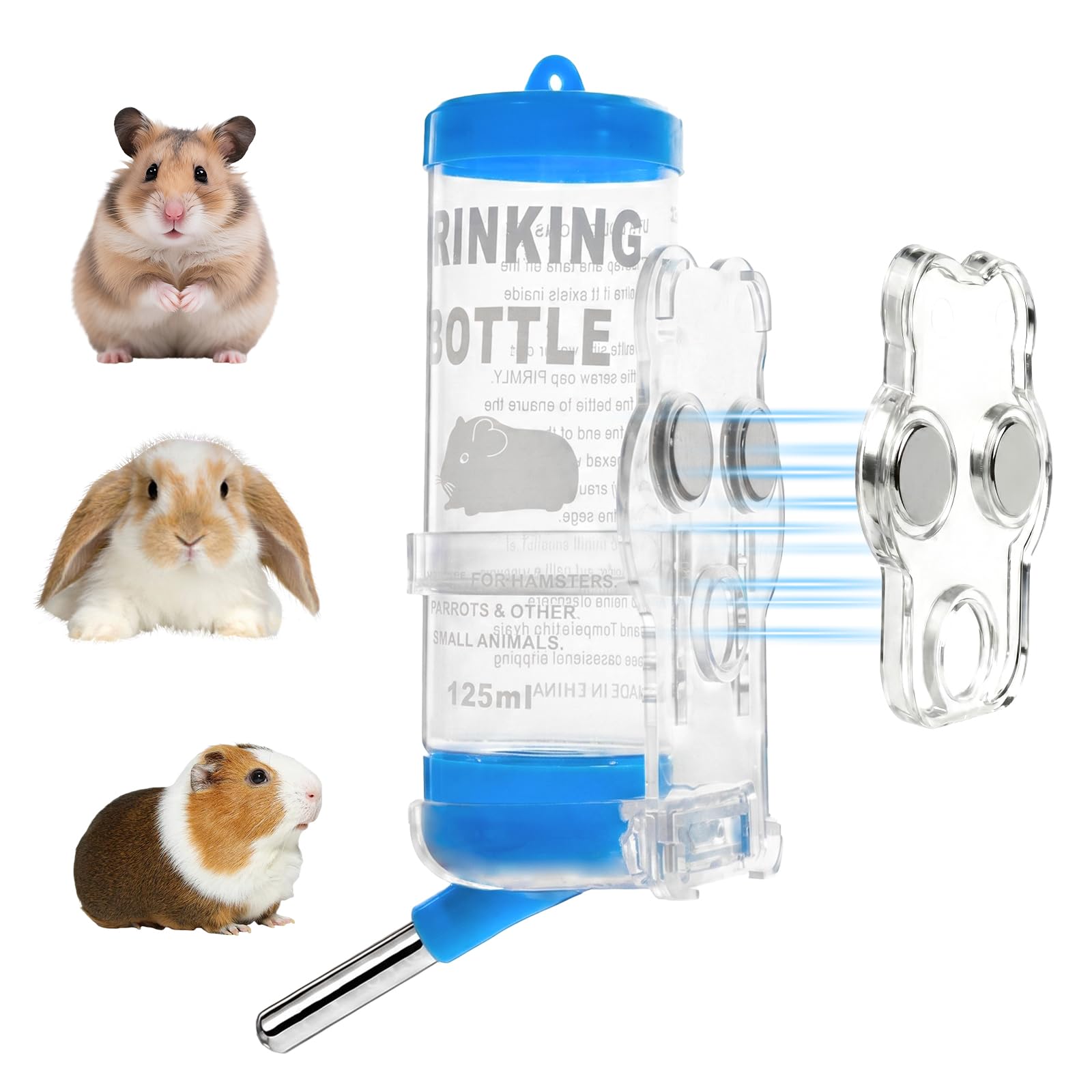 Botella magnética para hámster con soporte, 125 ml, diseño de conejo | Botellas de agua para conejos con soporte a prueba de goteo, dispensador de agua para hámster, magnético para cobayas