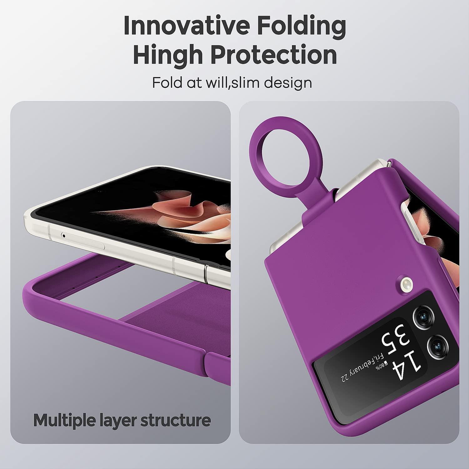 Meifei for Samsung Galaxy Z Flip 4 Case, Galaxy Z Flip 4 Liquid Silicone Case Dual Layer Hybrid Hard PC Soft Silicone Slim Fit Shockproof Protective Phone Case for Women Men, Purple