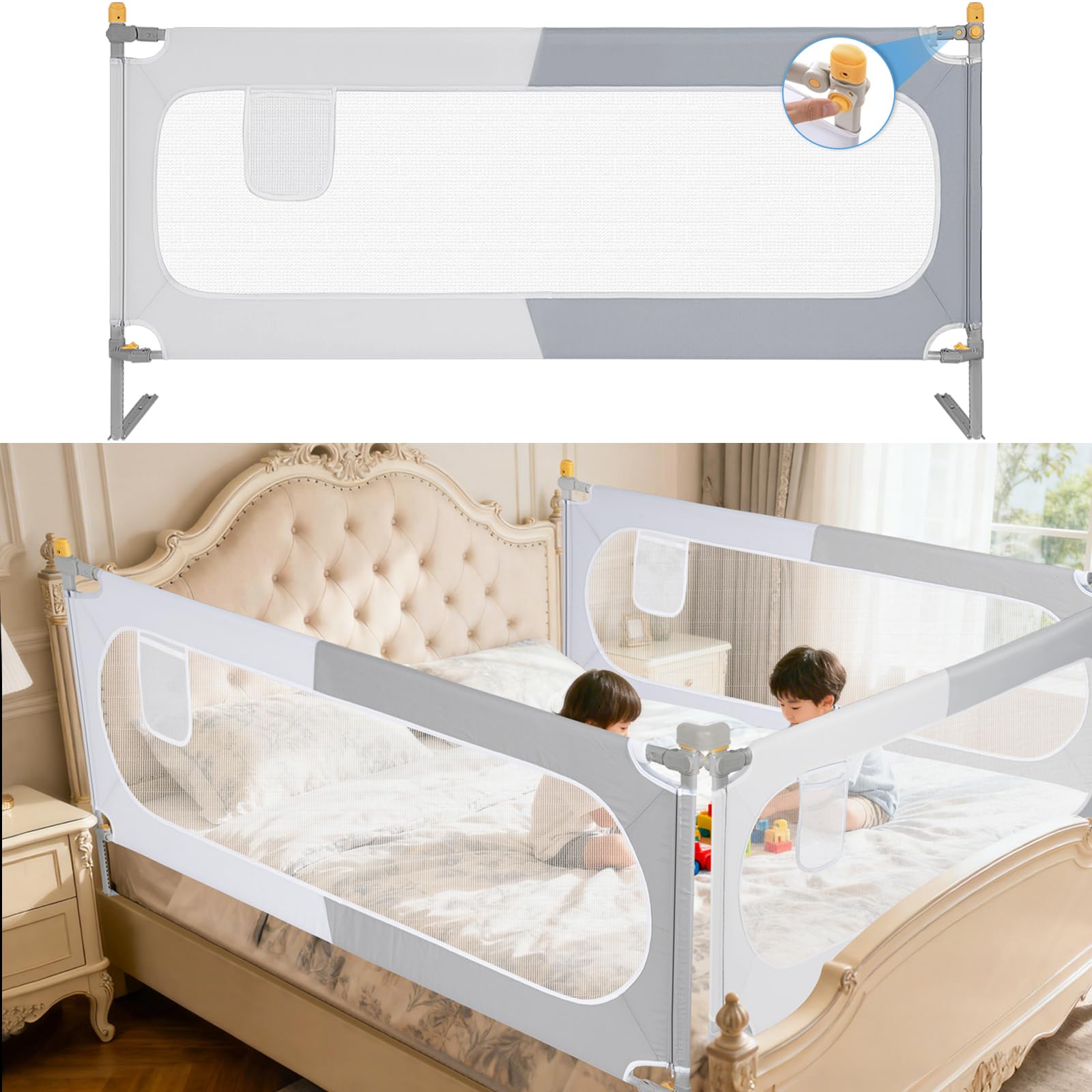 OUUTMEE 200cm Bed Rail for Toddlers,Safety Bed Rail for Kids Baby, Bed Guard for Double/King/Super King/Single beds, Sleep Rail bumbers Fence,1 Pack-Grey//White