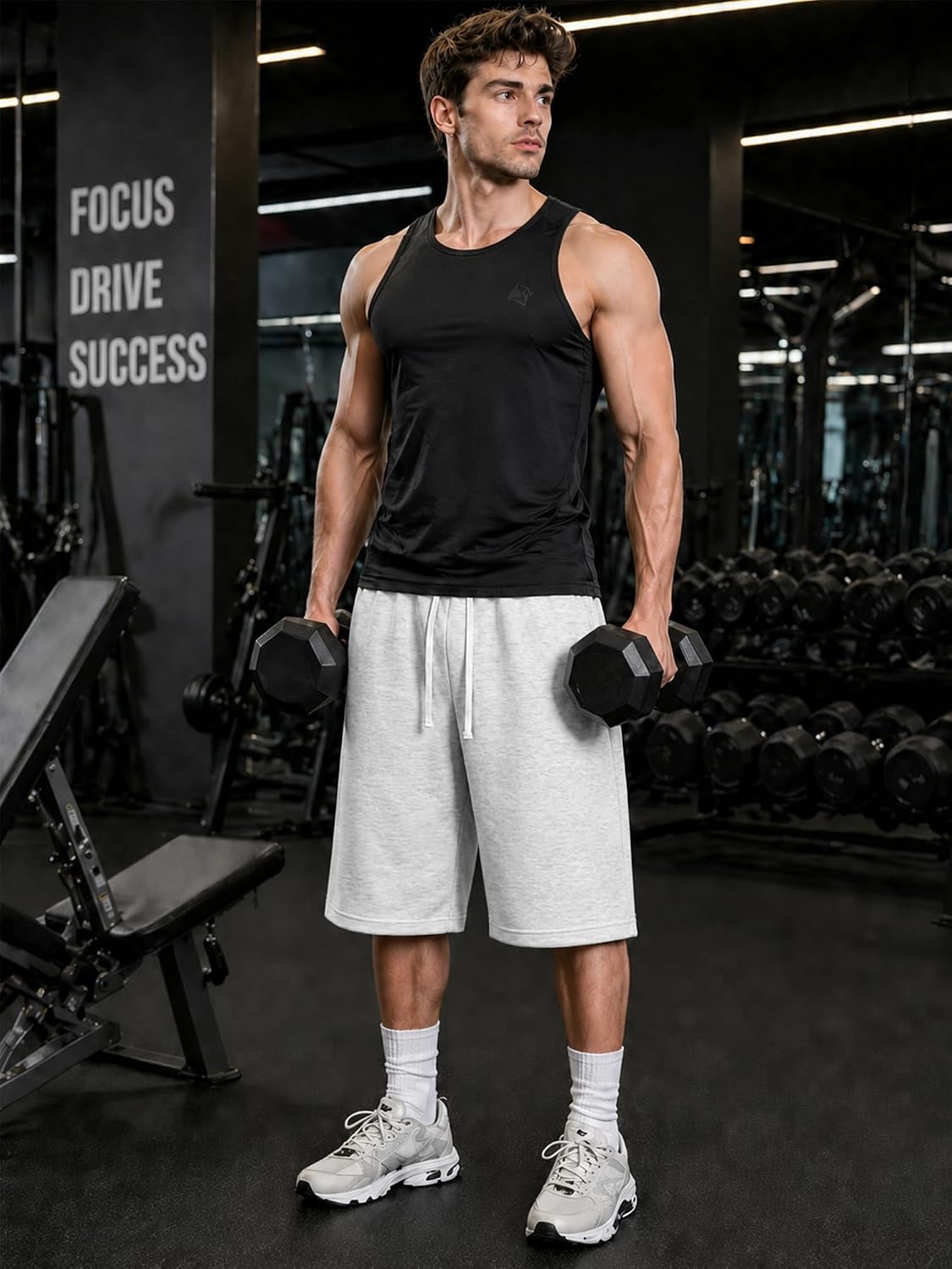 HUNGSON Men's Baggy Sweat Shorts Lightweight Under Knee Y2K Clean Hem Loose Fit Lounge Casual Gym Shorts Basketball Jorts