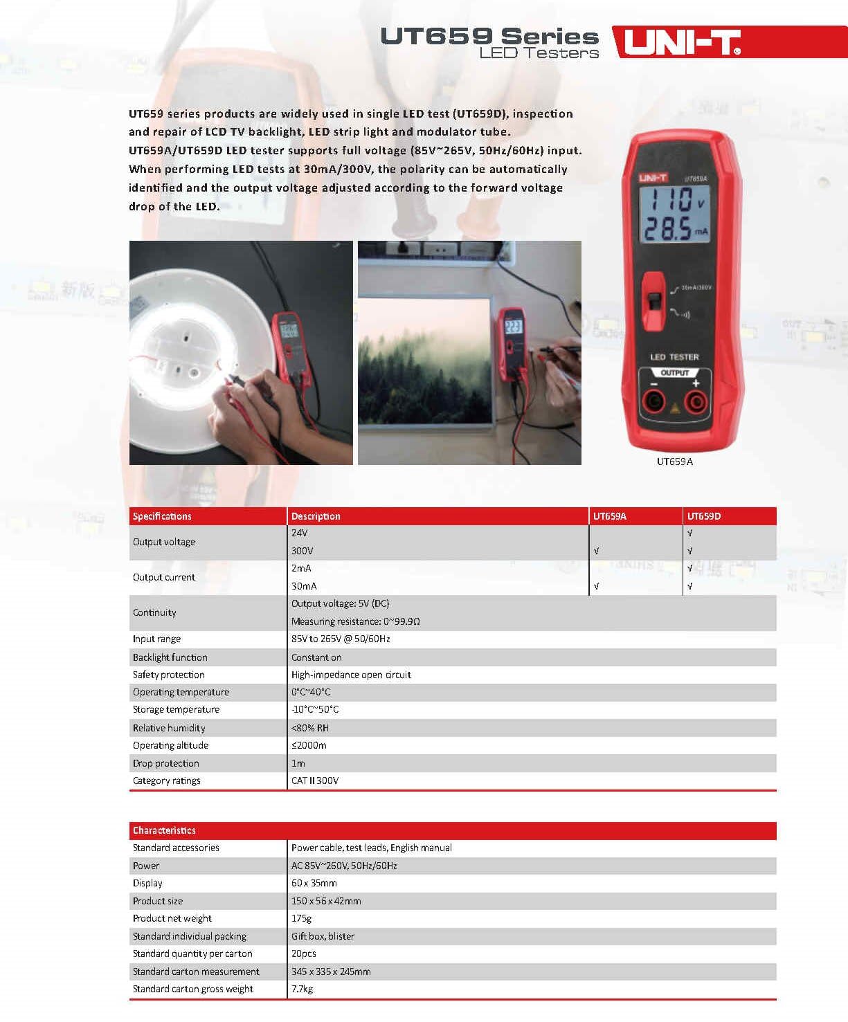 UNI-T UT659A UT659D LED Lamp Tester 0~300V Output TV Backlight Tester Multipurpose LED Strips Beads Test Electric Instruments(UT659A)