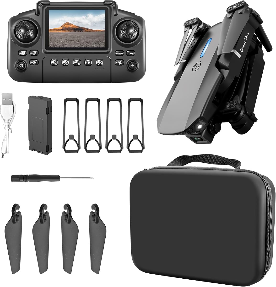 E88 Drone with Built-in screen control, Camera for Adults RC Drone With 720P HD Dual Camera WiFi FPV Foldable Quadcopter Aircraft +1 Battery (E88 Dual camera Black)