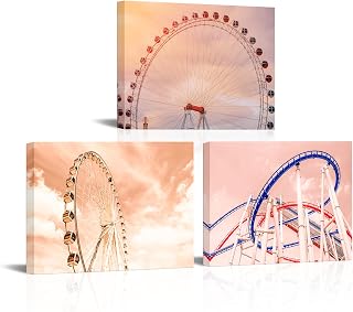 RyounoArt Girl Bedroom Wall Decor Amusement Park Canvas Picture Prints Roller Coaster Painting Poster Blush Pink Framed 12x16 inch x3piece
