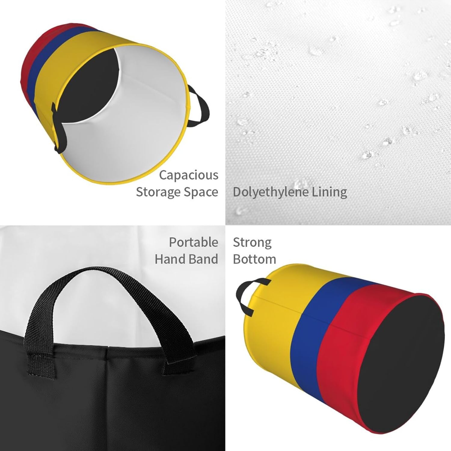 Flag Of Colombia Print Round Laundry Hamper,Car Portable Storage Bag For Bathroom, Bedroom, Car image 4