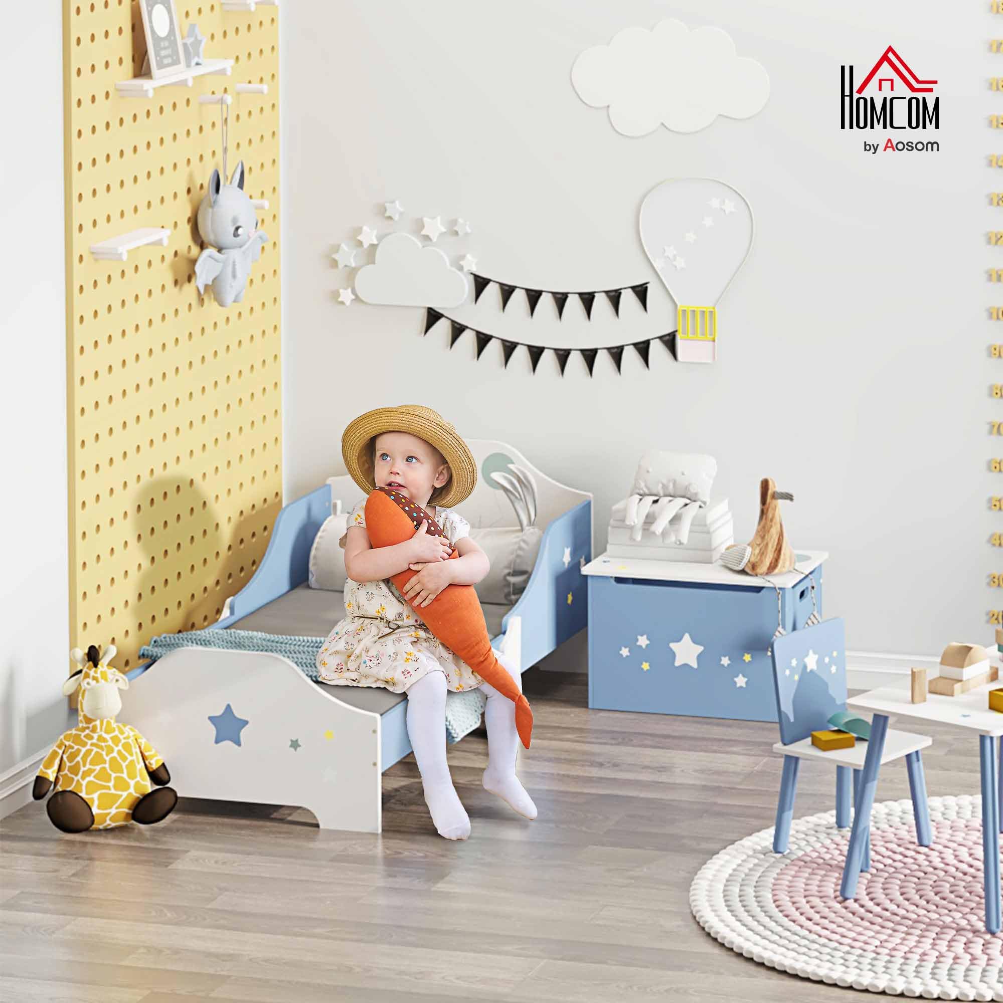 HOMCOM Cama para Niños de +3 Años 143x74x59 cm Cama Infantil de Madera con Estampado con Estrellas Carga 50 kg para Dormitorio Azul y Blanco