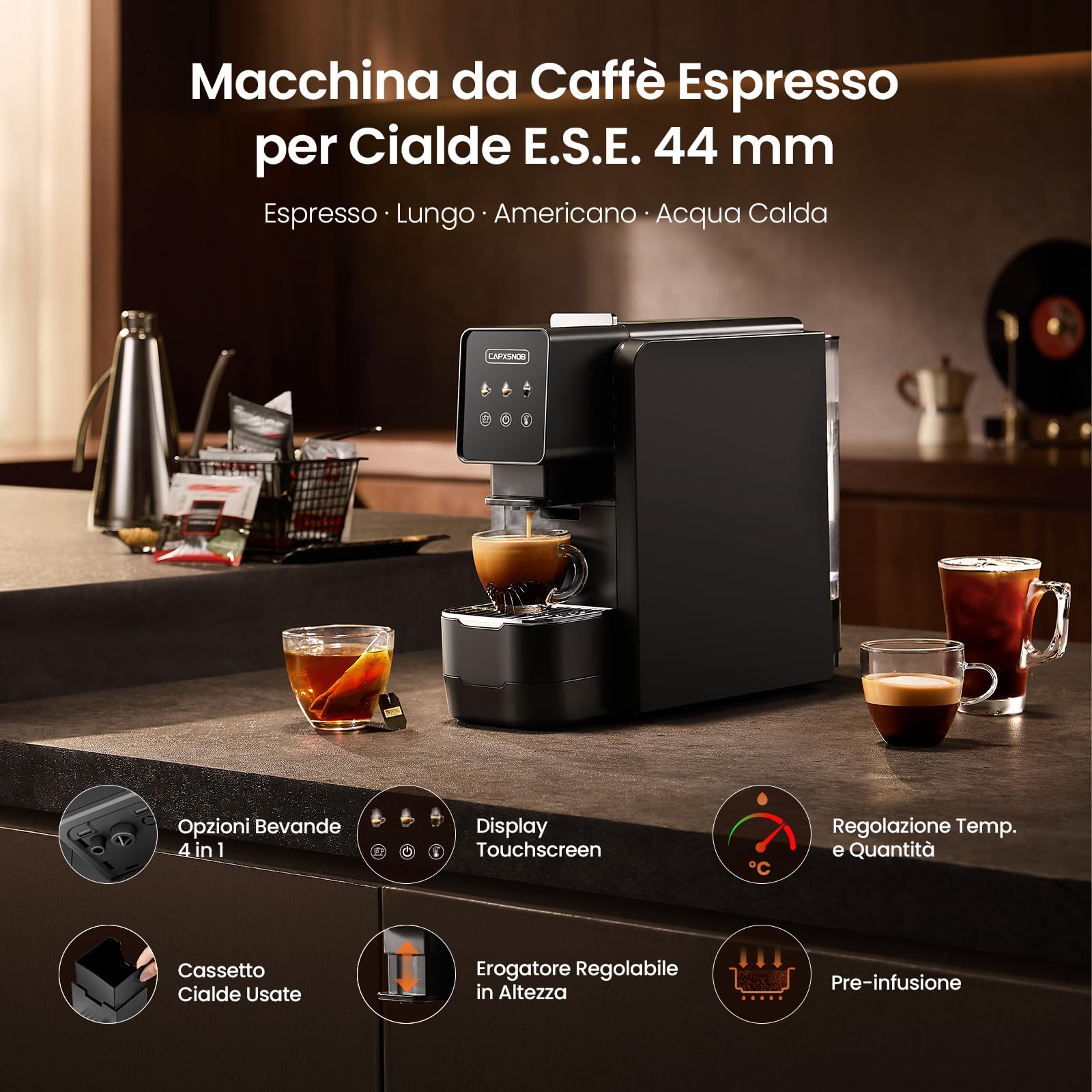 Casabar1 Macchina da Caffè per Cialde E.S.E. 44mm, Touchscreen, 4 Bevande | Pompa Italiana 19 Bar, Pre-infusione, Temp. e Quantità Regolabili, Bypass Americano, Macchina Espresso per Casa e Ufficio