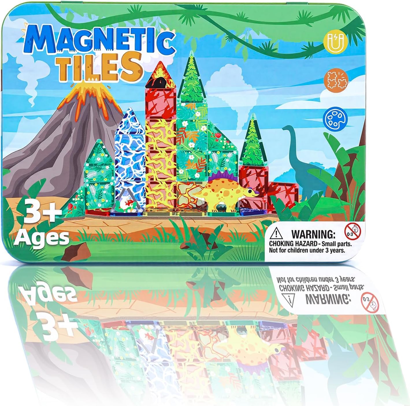 MEESHEEP 42PCS Mini Magnetic Tiles Dinosaur-Themed with Tin - Travel-Friendly Airplane & Car Toys For Kids, Educational Building Set