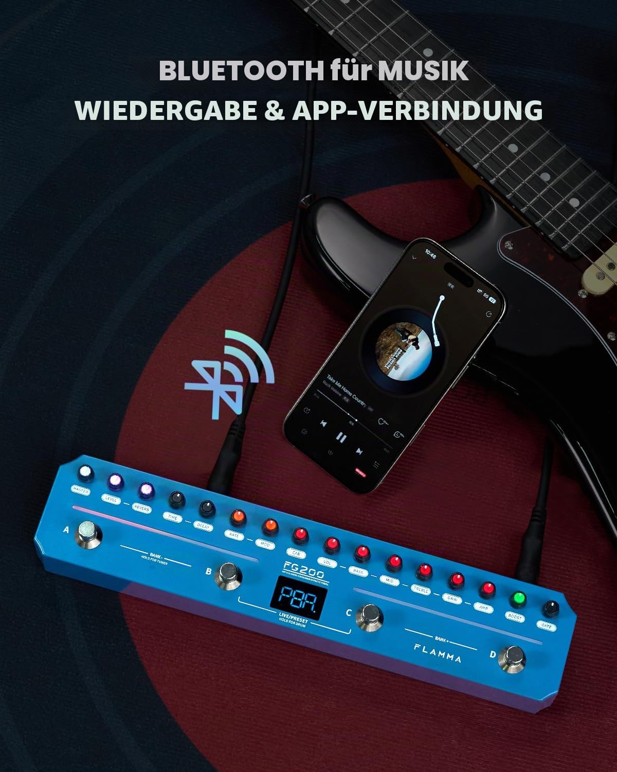 FLAMMA FG200 Intelligentes Gitarrenpedal mit 52 Ampere-Modelle, 5 Boost-Modelle, 16 CAB-Simulationen, 7 Effektmodule, 9 IR-Steckplätze, 40 Voreinstellungen, 40 Rhythmus-Stile
