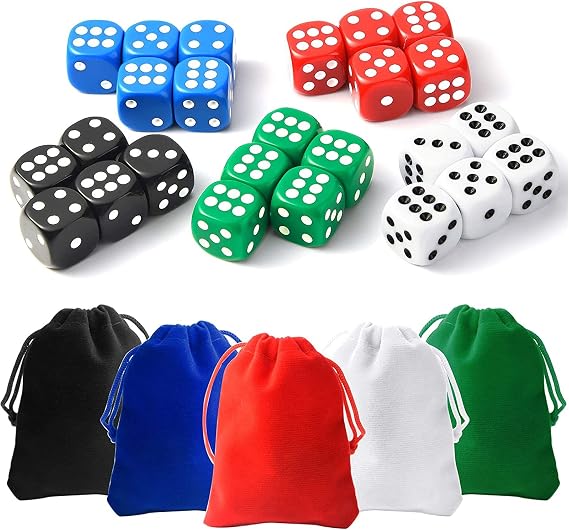25 Pieces Dice Set 6 Sided 5 Colours Spot Dice with Bags for Tenzi, Farkle, Yahtzee, Bunco or Teaching Math Dice Games