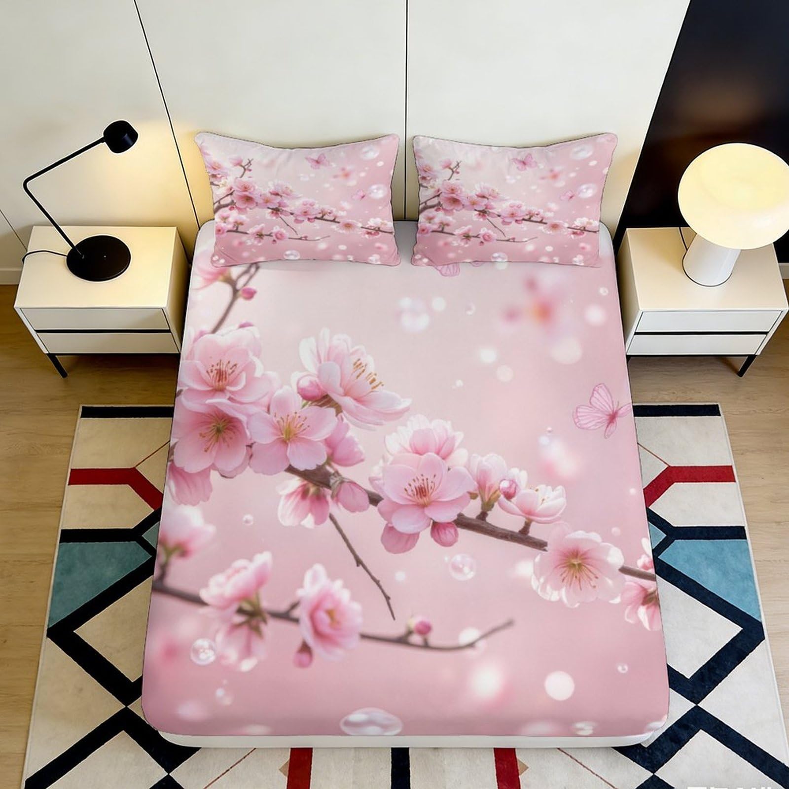 3D Printed Cherry Blossom Fitted Sheet Microfiber Soft Breathable Sakura Bed Sheet for Bedroom Dormitory Guest Room Mattress Protection Decor 120x200x25cm