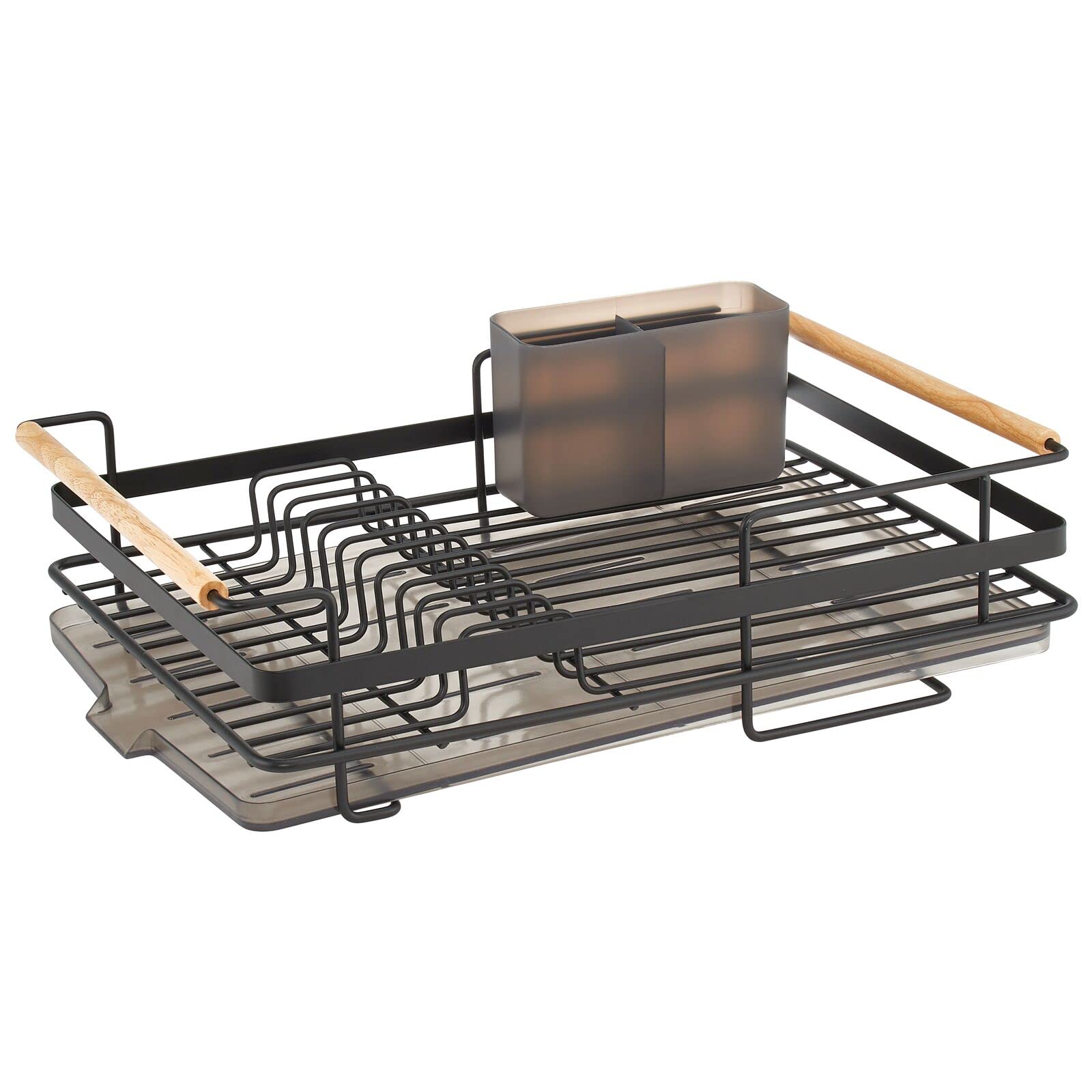 mDesign Escurreplatos de Metal con Asas de Madera – Escurreplatos con Bandeja para Cubiertos y Bandeja de Goteo – Escurreplatos para secar al Aire en la encimera, Color Negro Mate y Natural