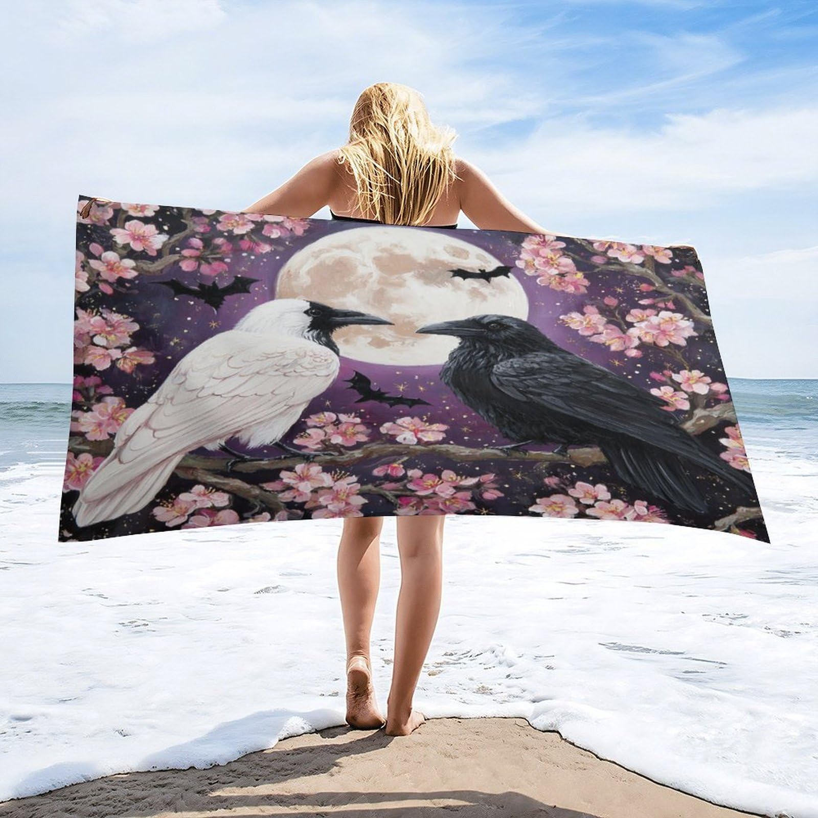Luyysky Vintage Fantasy Crow Couple Absorbent Beach Towel, Gothic Oil Painting Full Moon Japanese Cherry Blossom Animal Bat Outdoor Single-Sided Velvet Beach Towel-80 W Cm X 160" L Cm