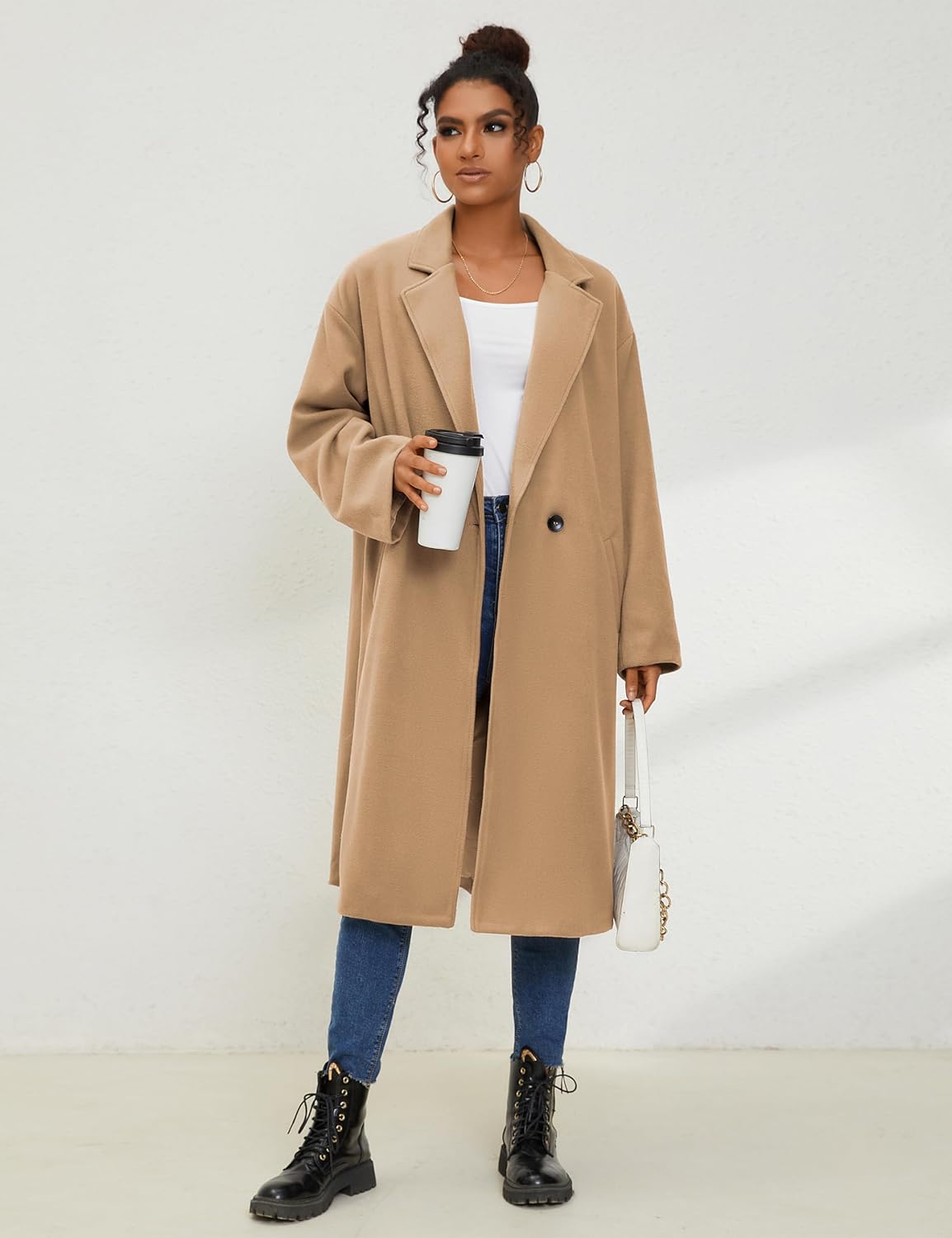 UANEO Women's Wool Blend Coat Oversized Double Breasted Long Trench Overcoat Winter - Image 6