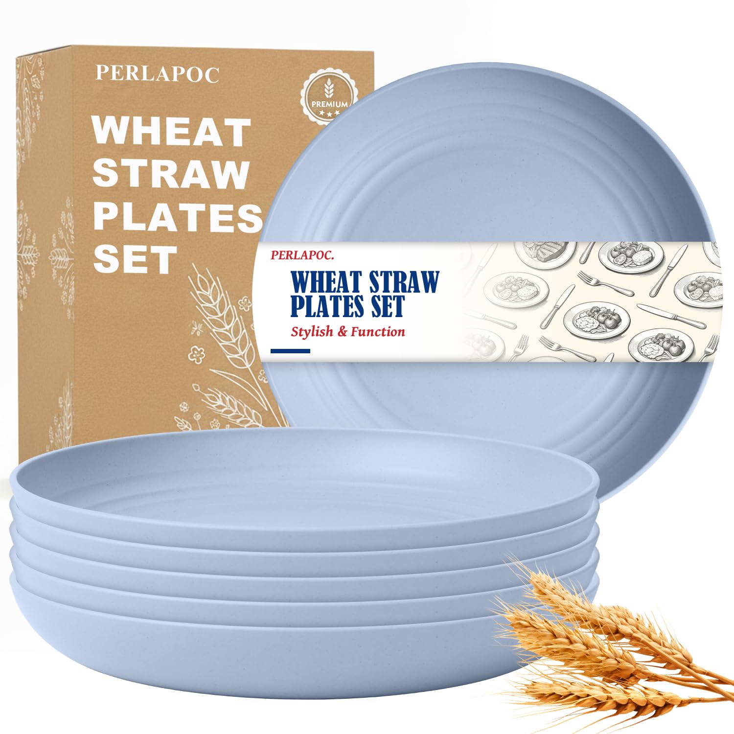 Wheat Straw Outdoor Plates of 6, 9In Unbreakable Plate, LightBlue