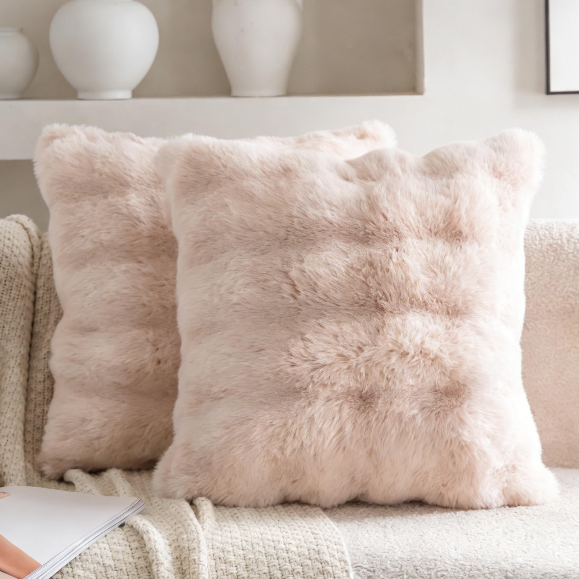 Neelvin Set of 2 Decorative Cushion Covers Thick Plush Wool Beige Throw Pillow Covers 55x55 cm,22x22 Inches Pillowcase Plush fluffy for Couch Livingroom Sofa Bedroom