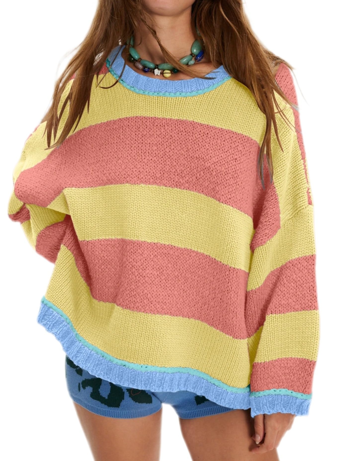 Womens Chunky Knit Striped Sweaters Oversized Pullover Sweater Casual Long Sleeve Color Block Winter Fall Clothing