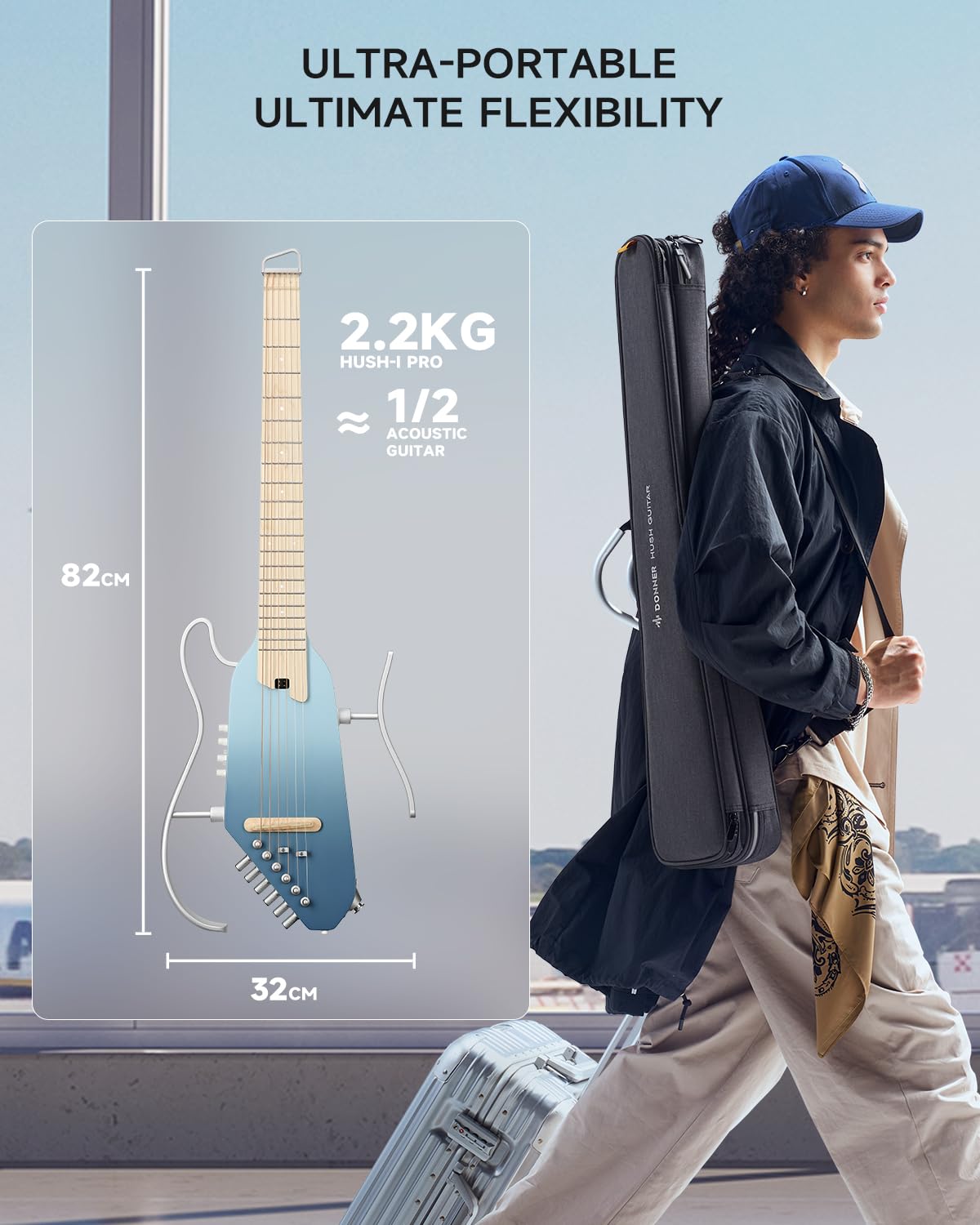 Donner Guitare électro-acoustique HUSH I PRO Travel avec modes d’effets multiples, kit intelligent comprenant des écouteurs, une housse de transport, une sangle, un câble de chargement, Hawaiian Blue