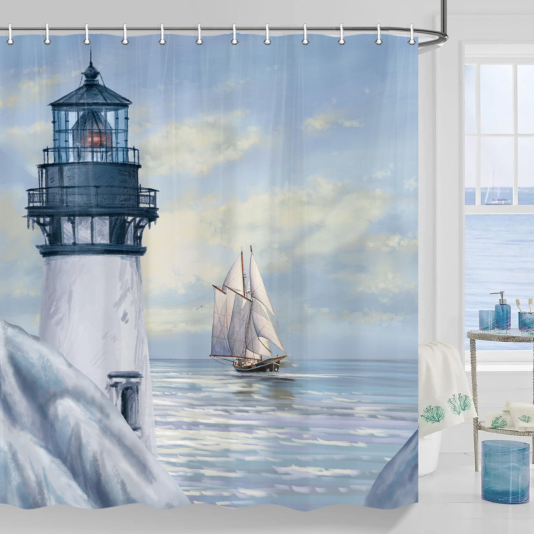 Jipusai Art Blue Lighthouse Shower Curtain Sets for Bathroom, Sunrise Ocean Theme Bath Curtain, Waterproof Nautical Shower Curtain Bathroom Decor