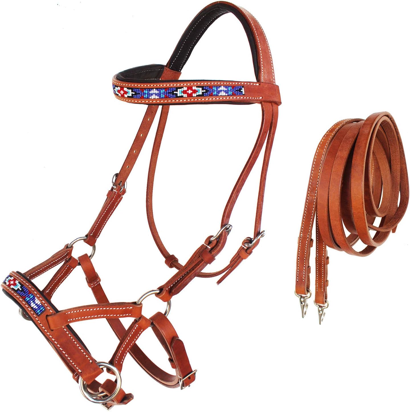 CHALLENGER Horse Western Padded Leather Beaded Bitless Sidepull Bridle 77RT24TN-F