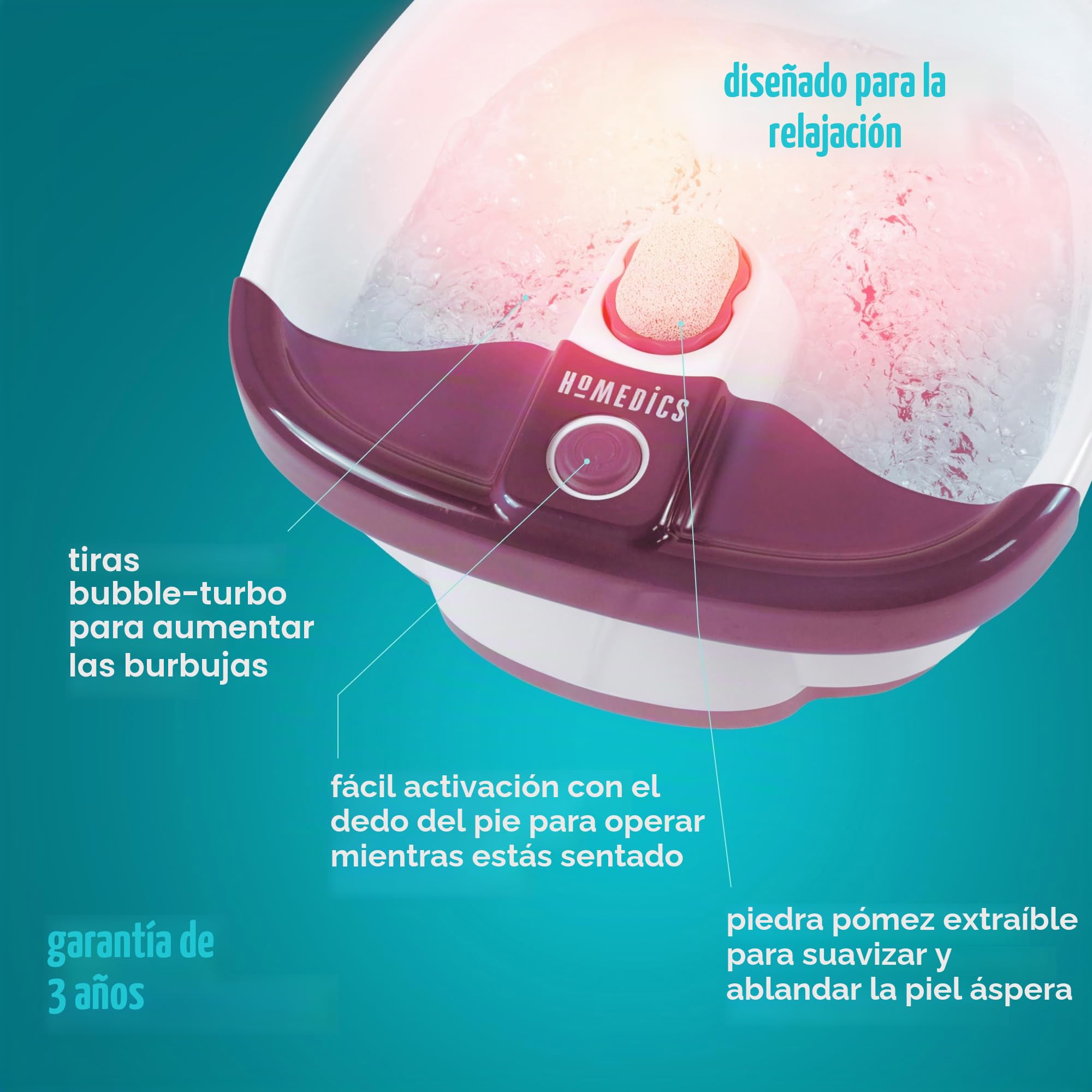 HoMedics Bubblemate Baño para Pies Hidromasajeador, Burbujas Masajeantes, Exfoliación con Piedra Pómez Integrada para Pedicura, Desestresante