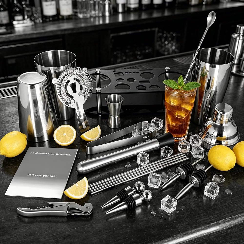 Juego de 17 coctelera de 750 ml y 750/600 ml, herramientas de bar con libro de recetas y soporte negro