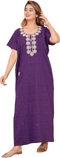 G4Girl Women's Cotton Brasso Self Print Nighty with Feeding Buttons & Pocket | Free Size Embroidered Night Dress (Z15)