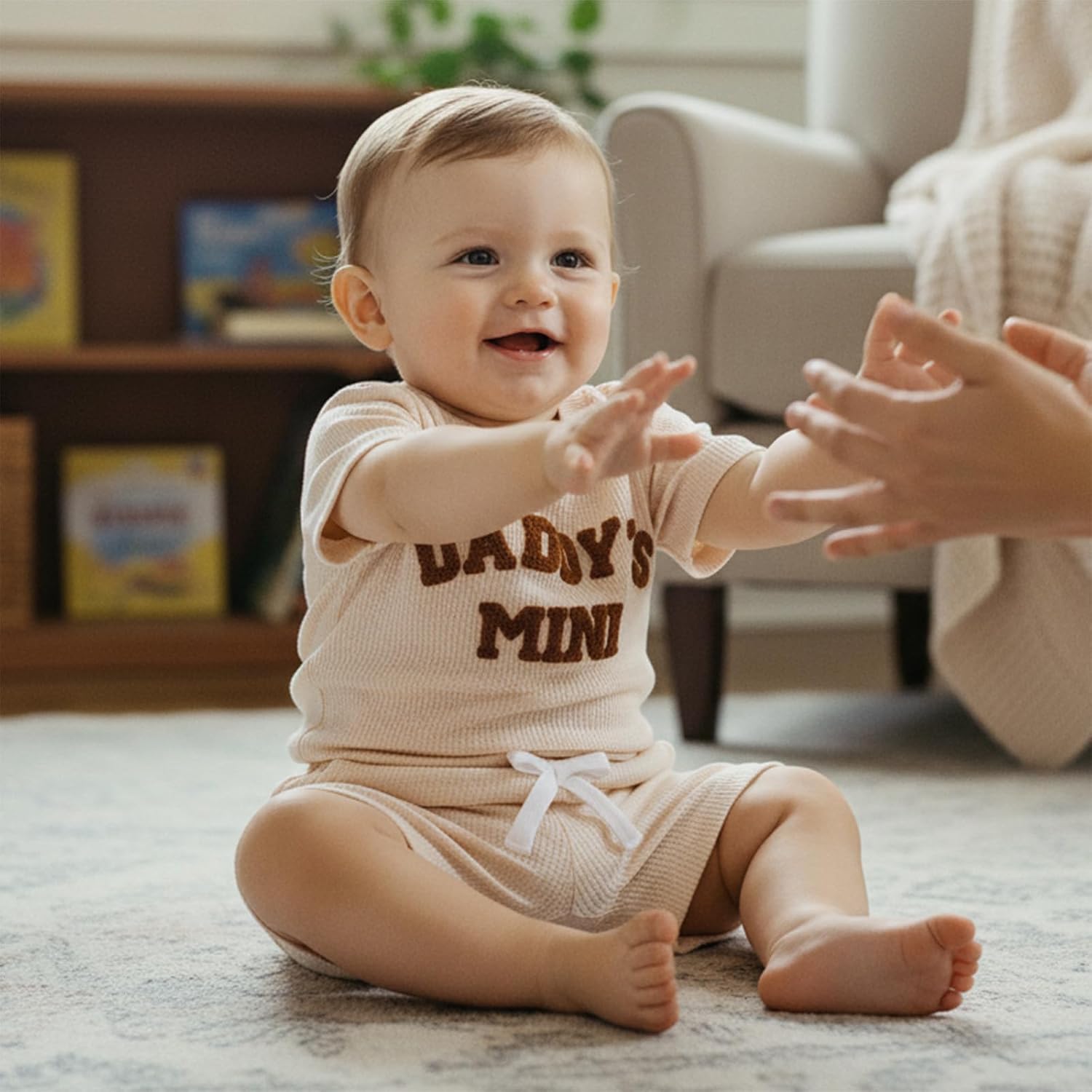 Kupretty Baby Boy Clothes 3 6 12 18 Months Summer Outfit Daddy's Mini Embroidery Waffle Short Sleeve Romper & Shorts Set - Image 3