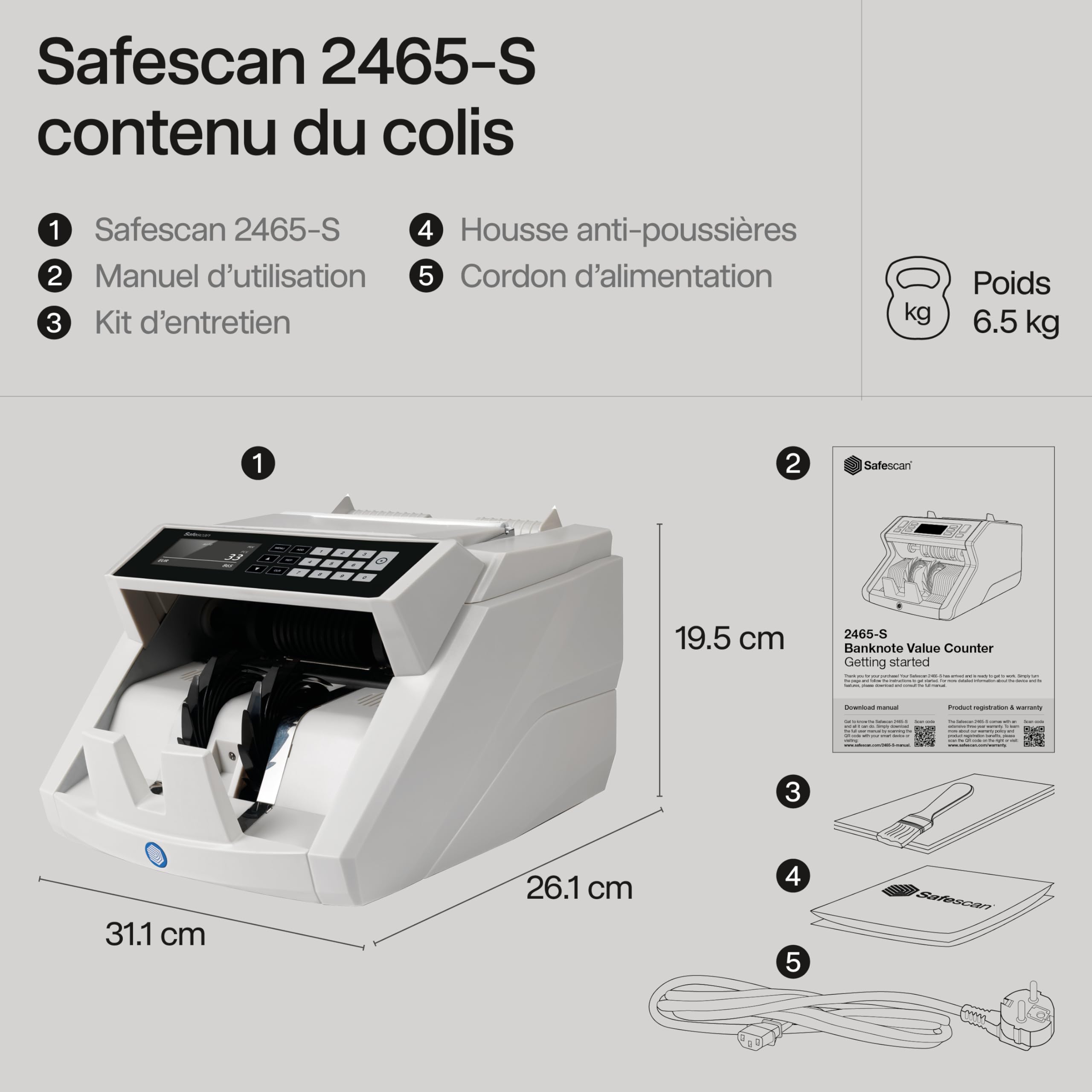 Safescan 2465-S compteuse de billets valorisatrice pour les billets mélangés euro - Compteur de billets avec détection de faux billets sur 7 points - Compte les billets triés de toutes les devises