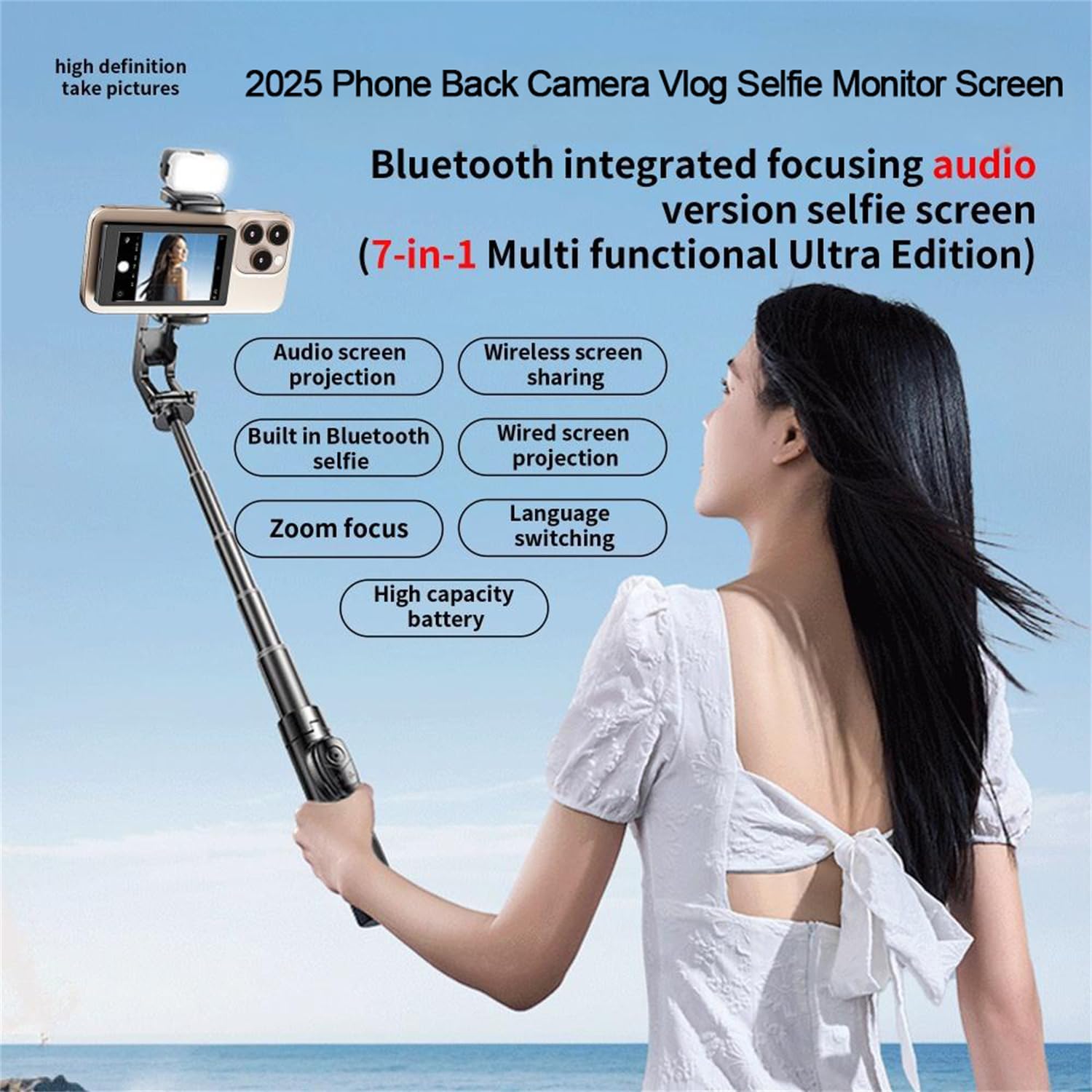 IVY 2025 Phone Back Camera Selfie Monitor Screen for iPhone/Android, Wireless Magnetic Rear Camera Vlog Selfie Mirror Screen for Live Streaming, YouTube & TikTok Videos - Black