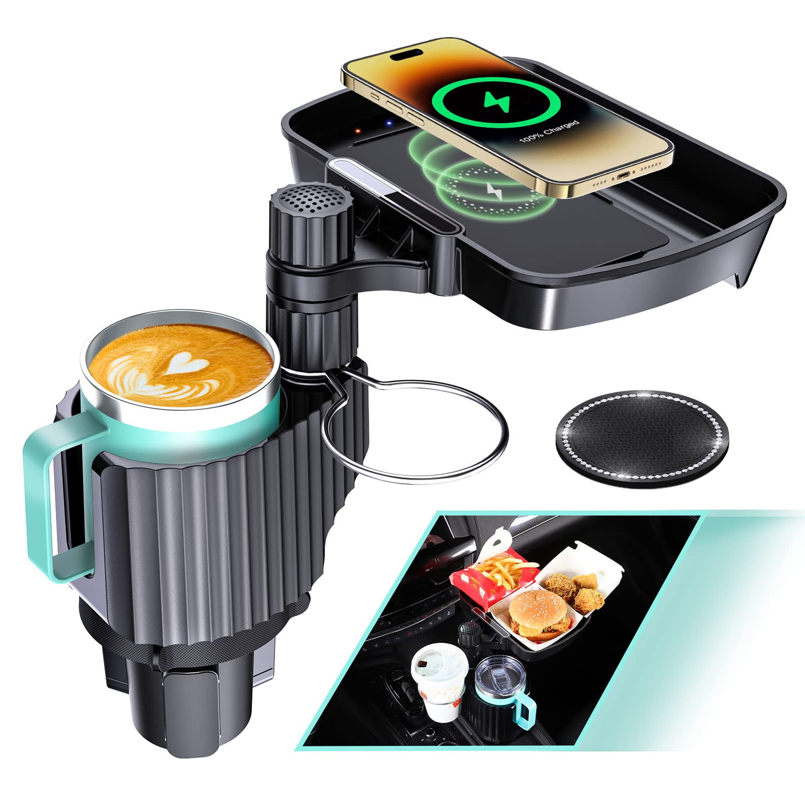 Photo 1 of OFY Car Cup Holder Expander with 15W Max Fast Wireless Charging Tray, All Purpose Dual Cup Holder Compatible with Yeti 20/26/30 oz, Hydro Flasks 32/40 oz, Camelbak 32/40 oz and Large Bottles Mugs Upgraded Tray(with Wireless Charging)