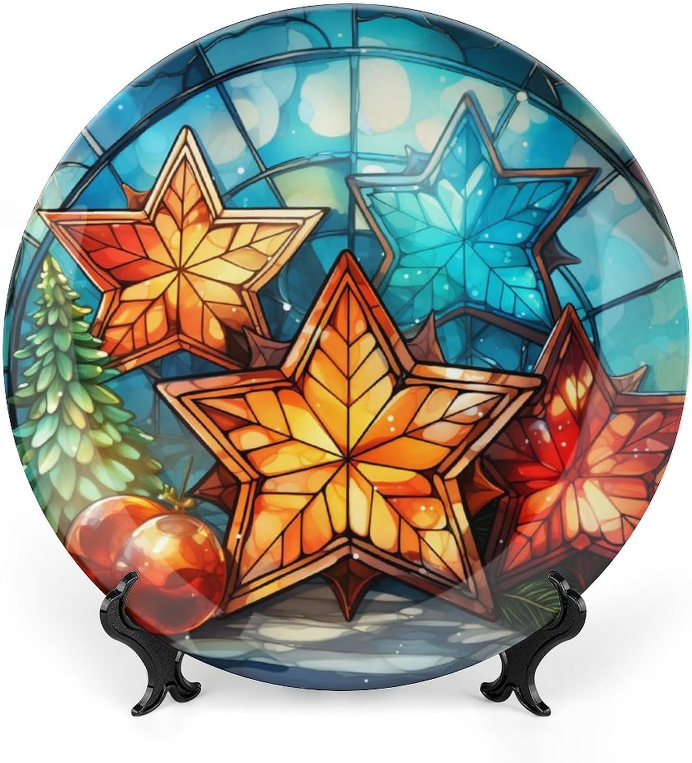 Xmas Decorative Plates, Christmas Tree & Stars Display Plate for Home Office Kitchen Table Decor, Stained Glass Design Porcelain Plates Xmas Ornament 6 Inch
