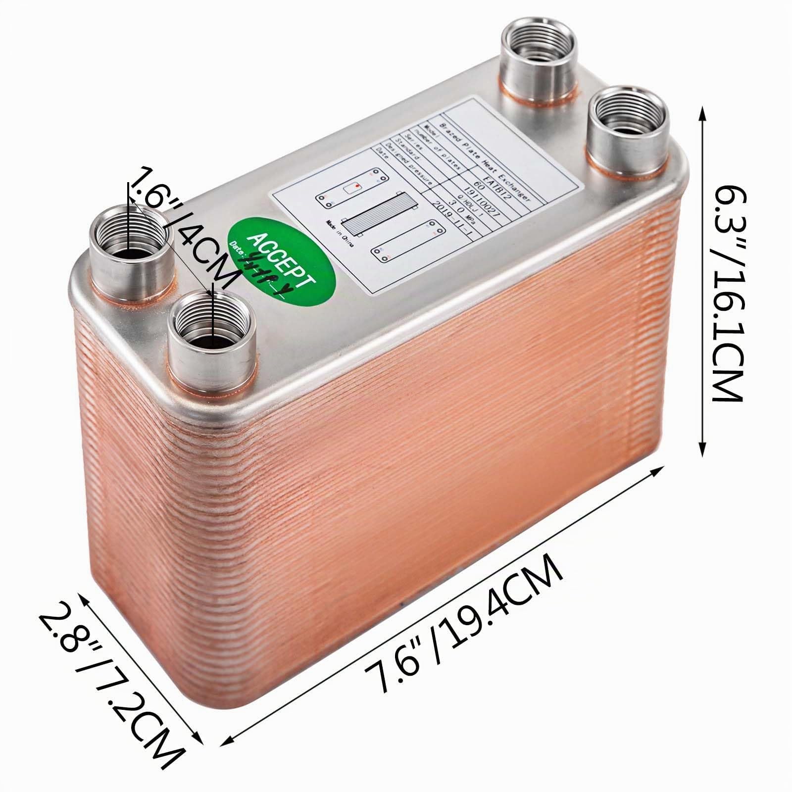 BestEquip Plattenwärmetauscher Edelstahl B12-60,Wärmetauscher 60, Plattenwärmetauscher 3,0 MPa, Wärmetauscher heizung, Silber