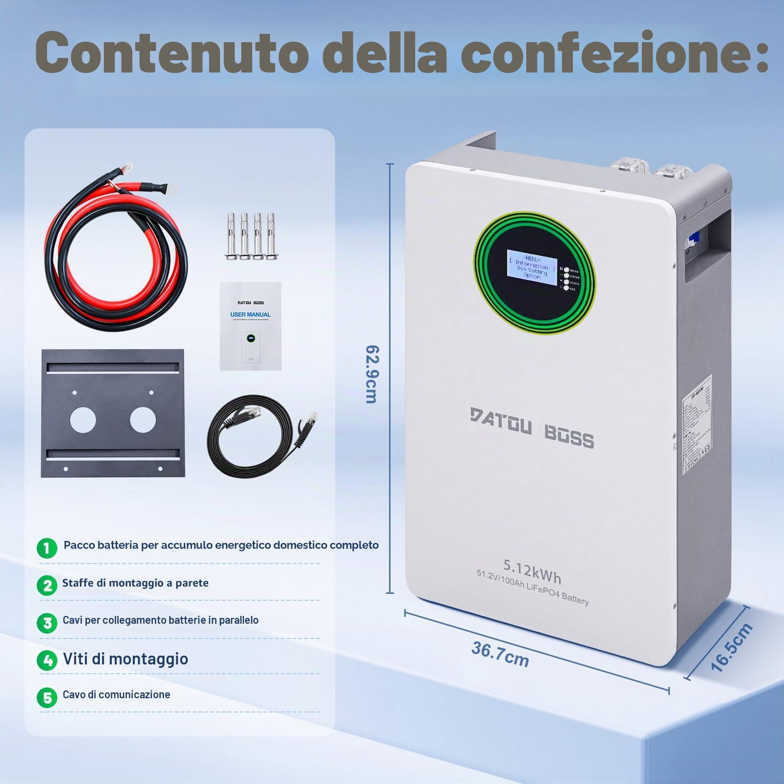 DATOUBOSS Batteria LiFePO4 48V 100Ah a parete, 5120Wh batteria fotovoltaico accumulo, con BMS 100A e display LCD, espandibile in parallelo, per sistemi fotovoltaici, solari e applicazioni off-grid