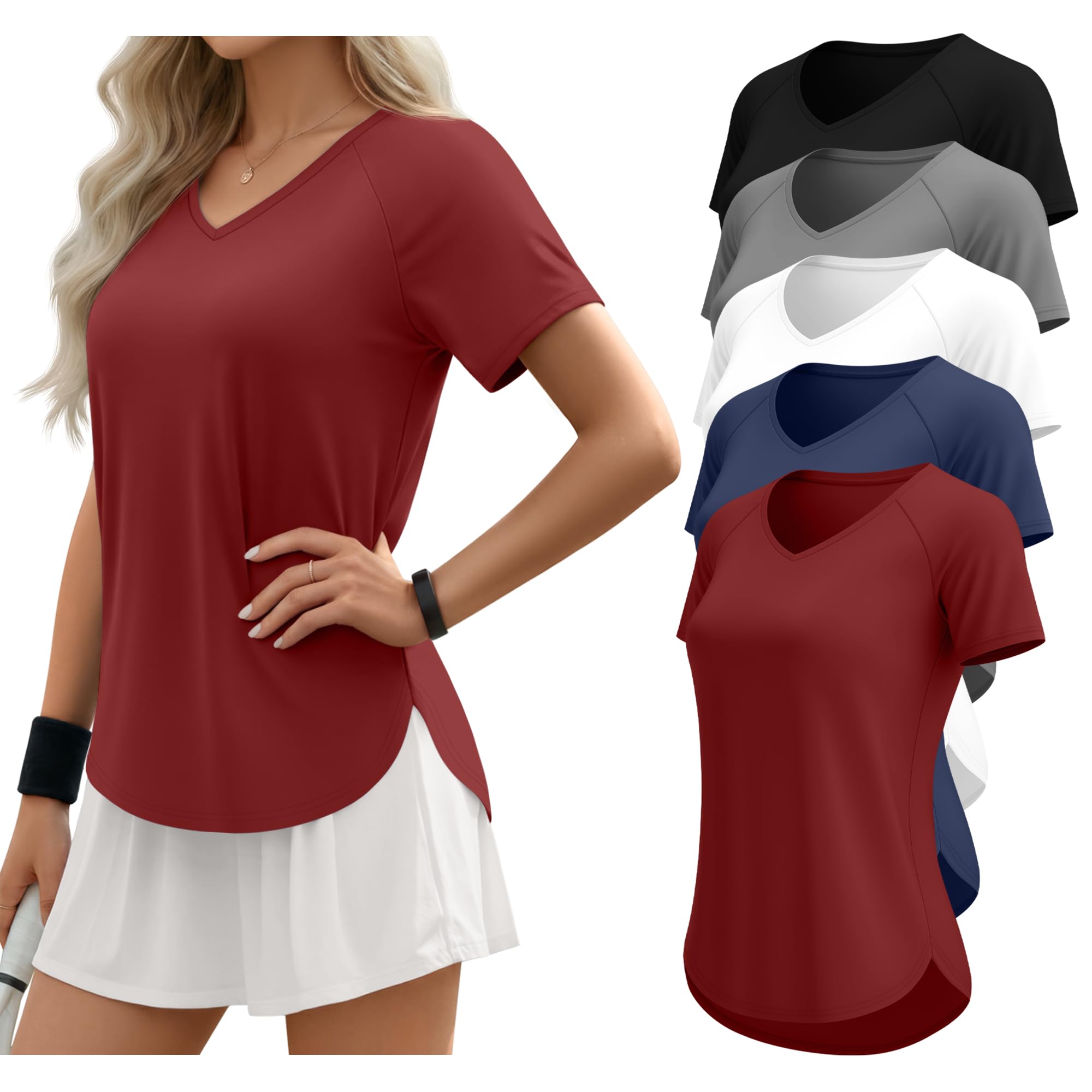 5 Pack Women Workout T-Shirts Quick Dry UPF 50 Sun Protection Yoga Gym V Neck Raglan Tops Side