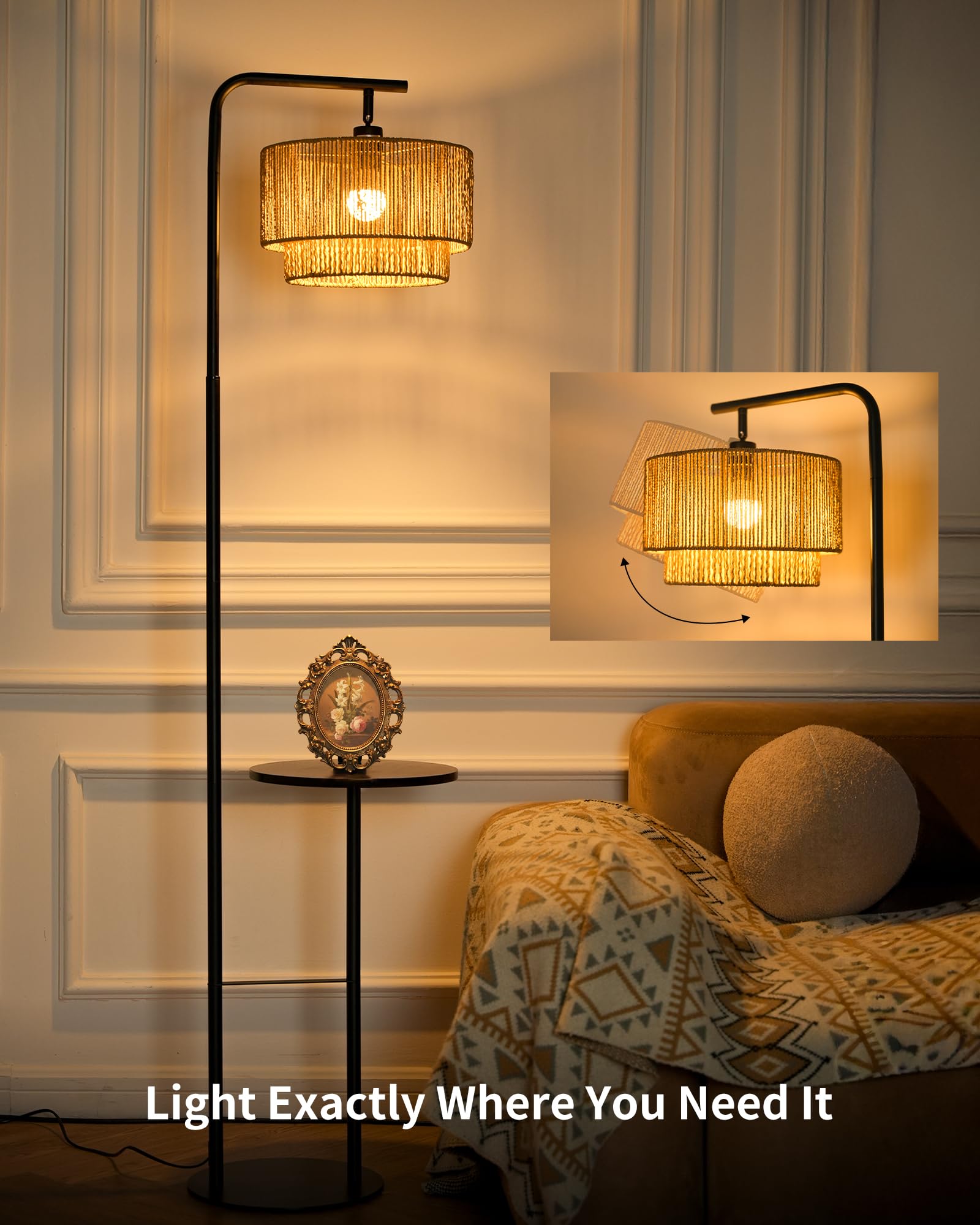 Stehlampe Wohnzimmer Rattan mit Ablage – Vintage Stehleuchte, E27 Standlampe Boho mit Verstellbar Lampenkopf, 3 Farbtemperaturen per Fußschalter, H170cm für Schlafzimmer WOVI FL12