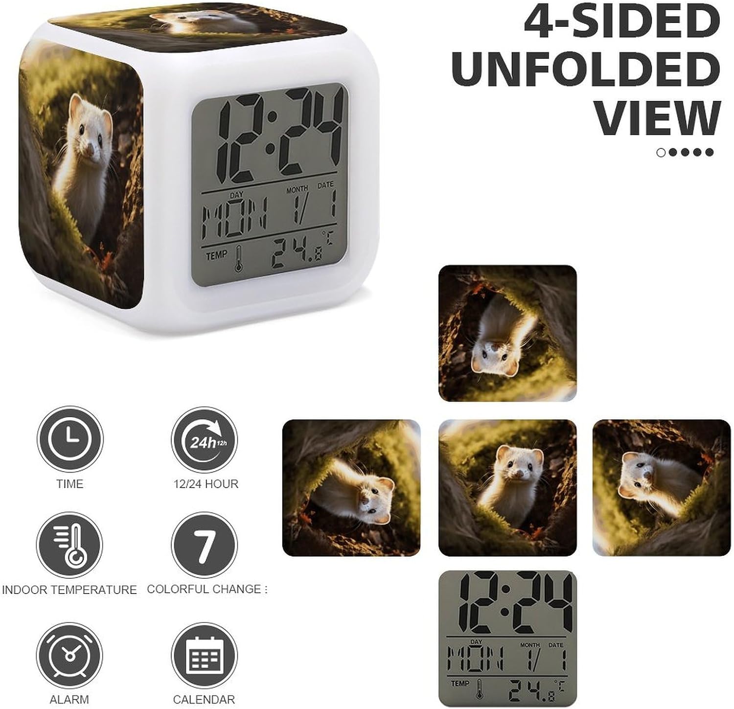 Cute WeaselDigital Alarm Clock with 7 Color Changing Night Light Smart LED Display Desktop Clock for Heavy Sleepers, Bedside Small Alarm Clocks with Date Temperature Display image 4