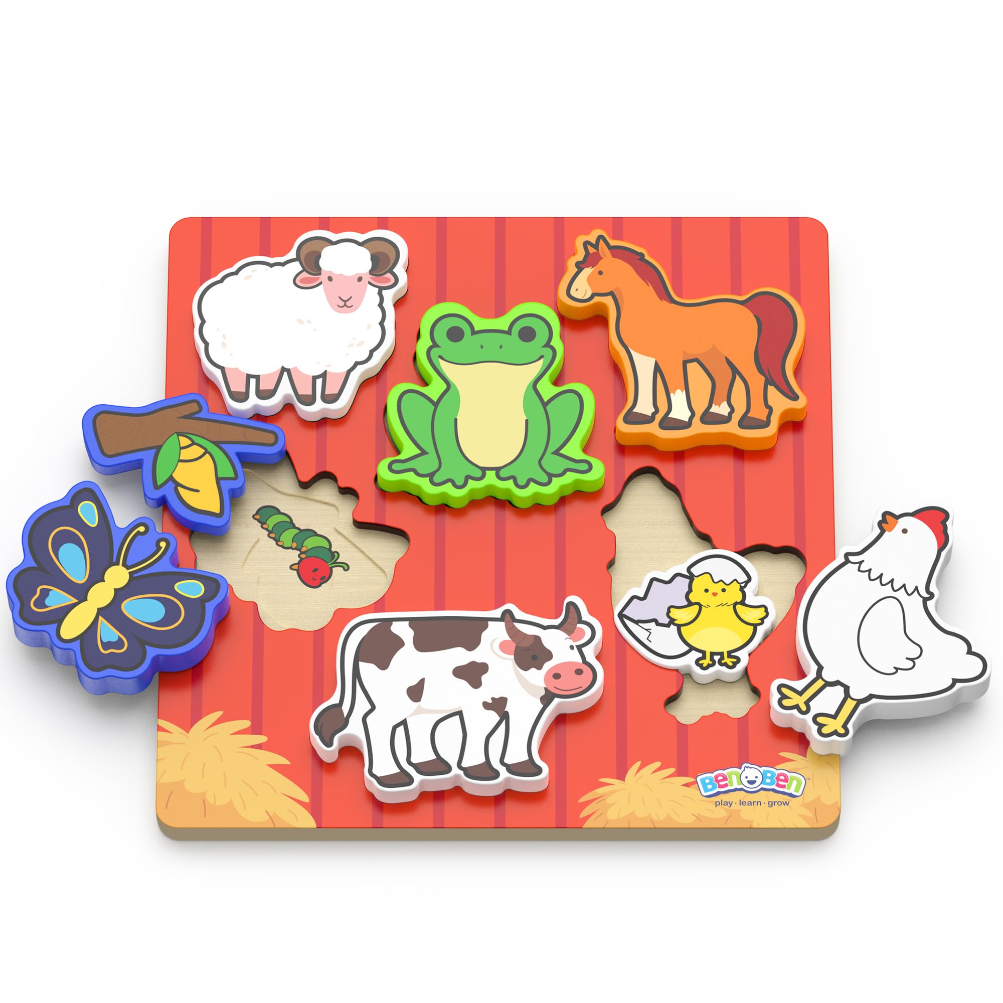 BenBen Wooden Puzzles for 1 2 Year Old, Montessori Toys for Baby Kids, Wooden Pegged Puzzle, Educational Toys for Toddles Age 1-3