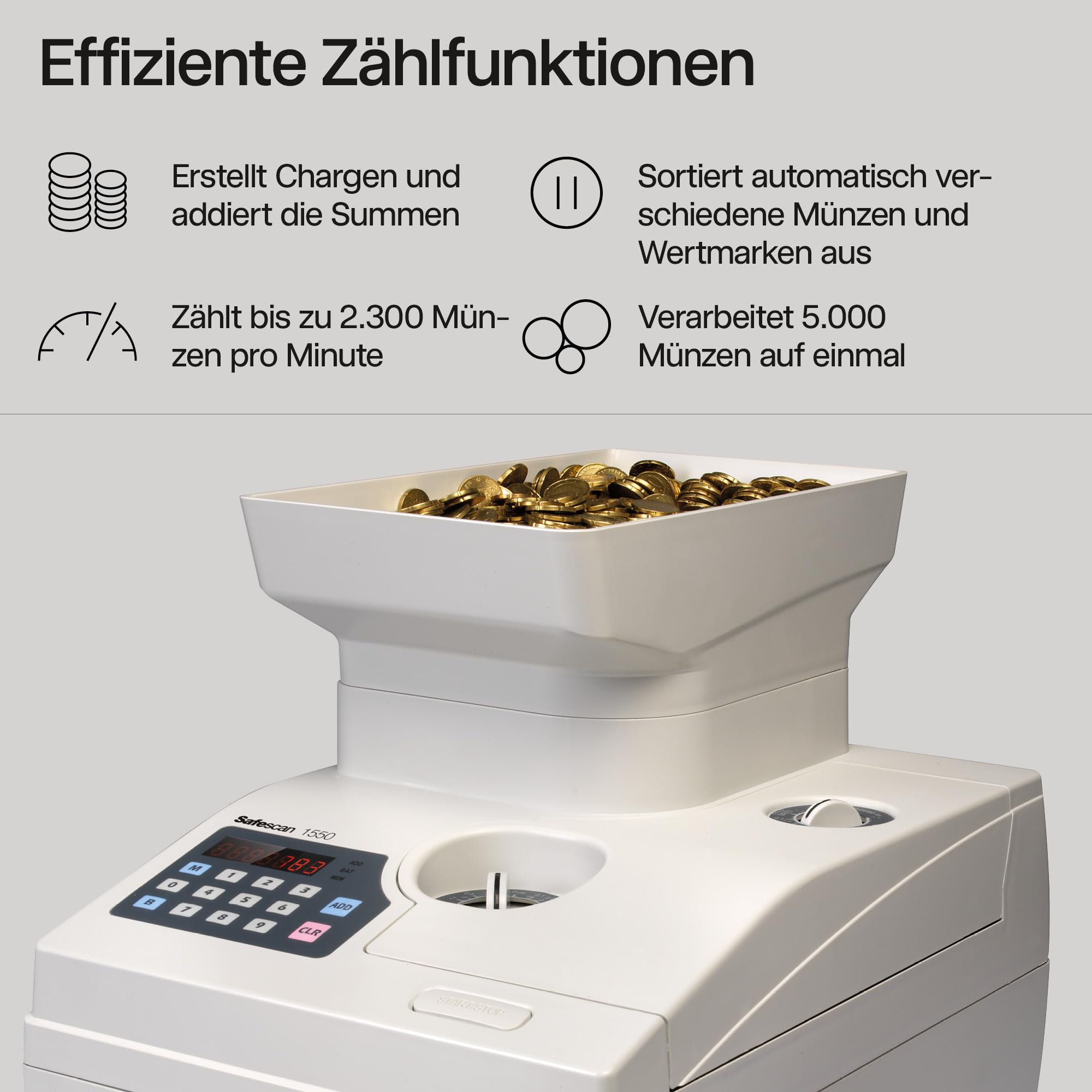 Safescan 1550 HighSpeed Münzzähler zählt schnell sortierte Münzen - Robuste Geldzählmaschine für Münzzählungen mit hohem Volumen - Geldzählmaschine für alle sortierten runden Münzen und Wertmarken