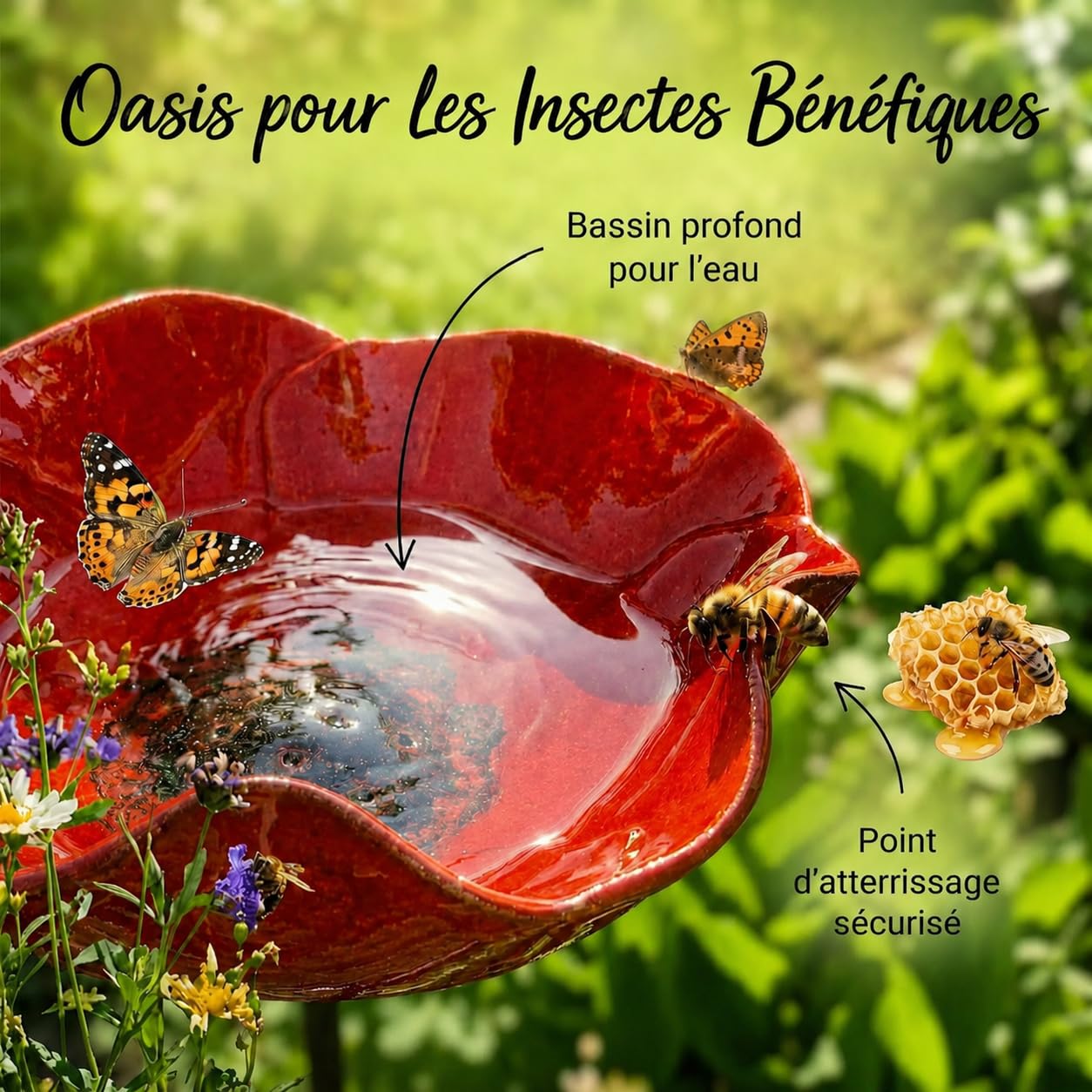 Bain d'oiseaux,Abreuvoir pour Oiseaux d'Extérieur Forme de Fleur,Mangeoire Oiseaux d'Extérieur avec Socle,pour Oiseaux et Abeilles,Piquet métallique,Alimentation et Abri pour Oisea (Rouge,Jaune,Bleu)