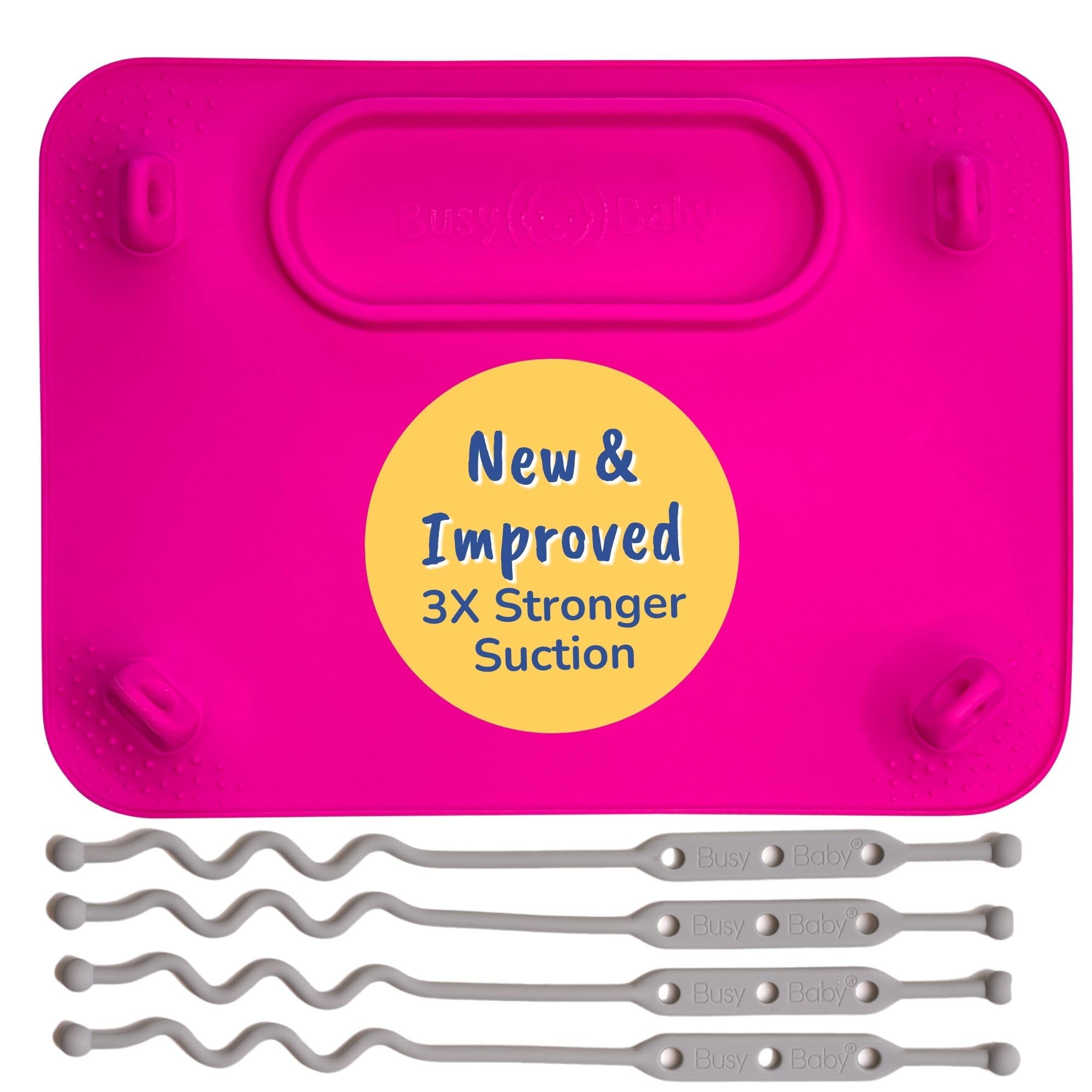 BUSY BABY MAT | Silicone Suction Placemat for Babies & Toddlers with 4 Adjustable Tethers to Attach Toys | Keep Toys Off The Floor, Diswasher Safe, BPA Free | Includes Travel Sleeve (Pink)