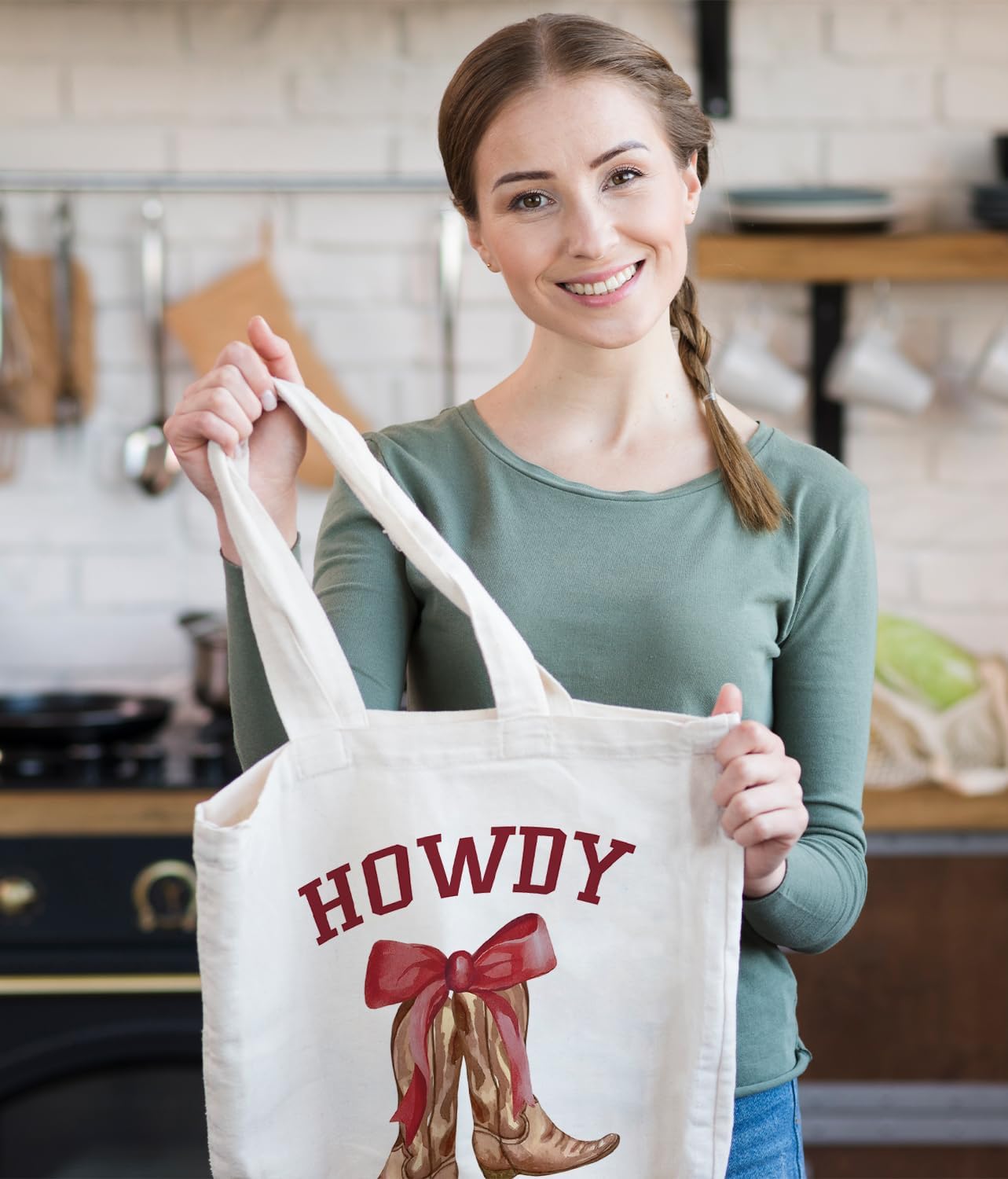 Cute Bow Western Boots Tote Bag For Women, Howdy Western Cowgirl Gifts Tote Bag, Cowgirl Accessories for Women, Reusable Canvas Grocery Bags Foldable - Image 5