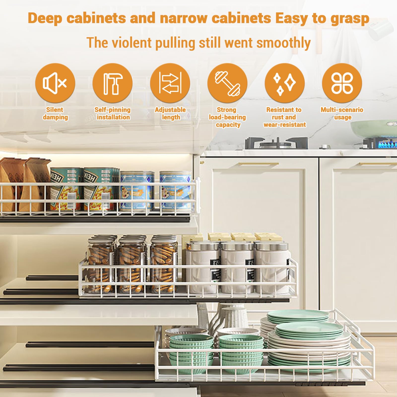 GarveeHome Estante Deslizante Extensible para Armario de Cocina - Cajón Extraíble sin Perforar - Ajustable 31-49 cm - Acero Carbono - Blanco, Altura 8 cm