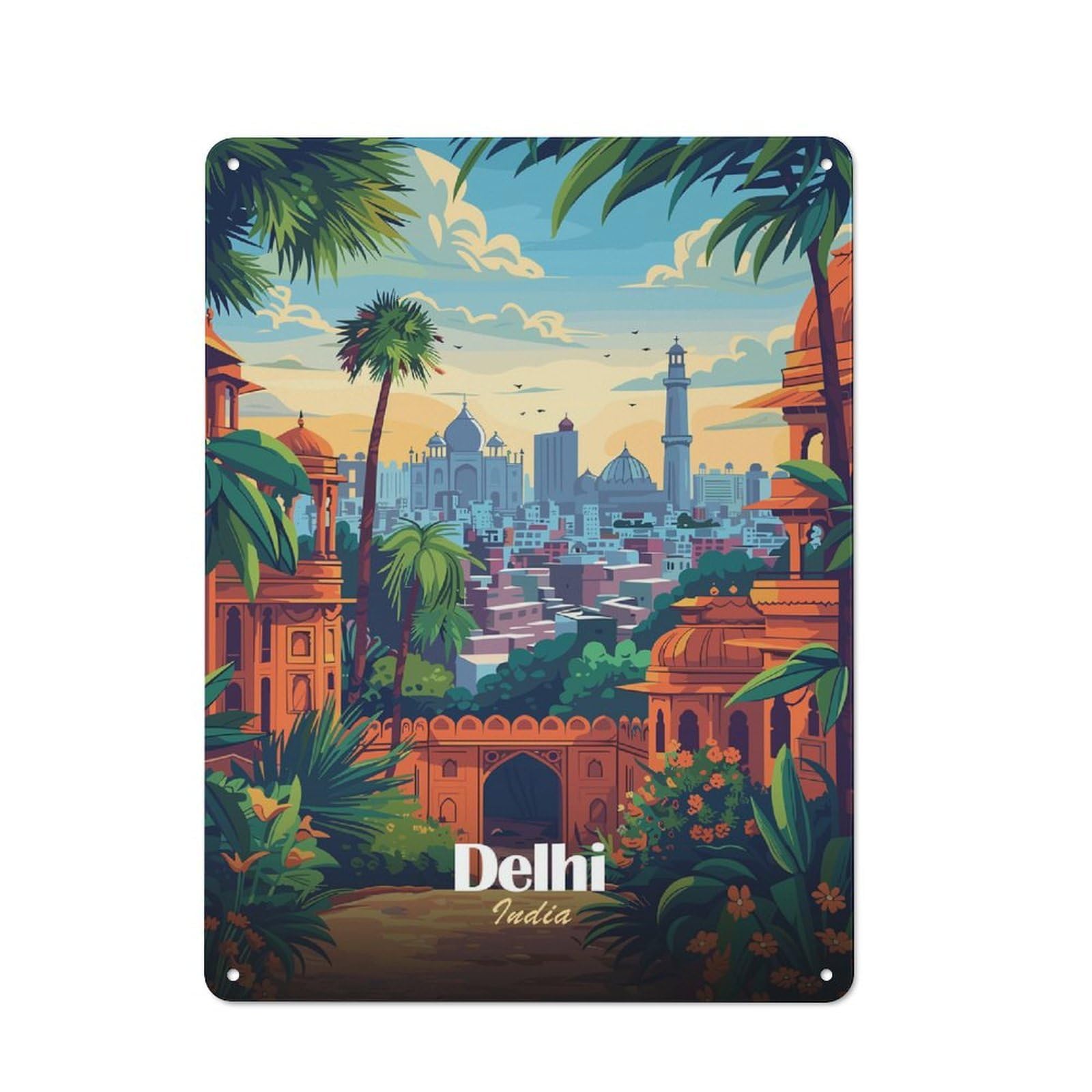 Delhi, India Cityscape Illustration Retro-style Tin Sign 40x30cm for Café Or Restaurant, for Cooler-season Styling in Café And Restaurant