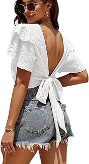 Blusa corta de manga corta con cuello redondo y ribete de volantes para mujer