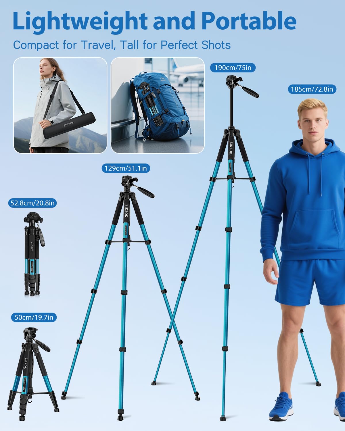 Treppiede da 190,5 cm, telecomando Bluetooth, carico max 6,8 kg, da viaggio, in alluminio per DSLR/telefono/tablet/proiettore, testa panoramica a 3 vie, piastra a sgancio rapido, pieghevole (blu)