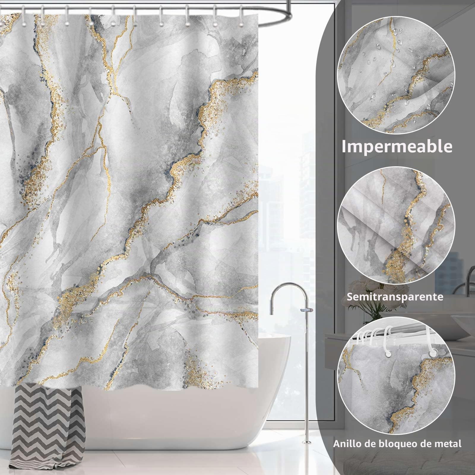 AIBIIN Juego de cortinas de ducha de mármol de 4 piezas, juego de cortinas de ducha abstractas grises con alfombras antideslizantes, cubierta moderna para tapa de inodoro y alfombrilla de baño,