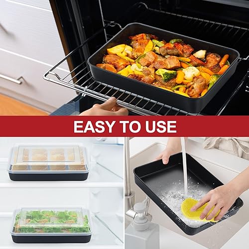 Miniatura 7 de P&P CHEF Juego de moldes para hornear con tapas, 9.7 x 12.5 pulgadas, molde rectangular para hornear pasteles de lasaña y brownie, núcleo de acero