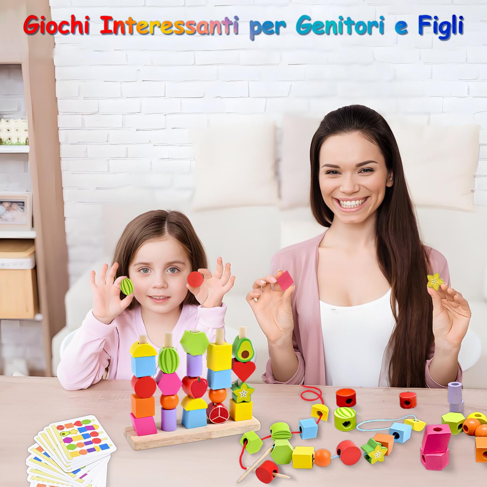 Echehi 2 in 1 Giocattoli Montessori da Infilare per Bambini, Perline da Infilare, Forme da Abbinare, Sviluppo delle Capacità Motorie Fini, Blocchi in Legno da Impilare